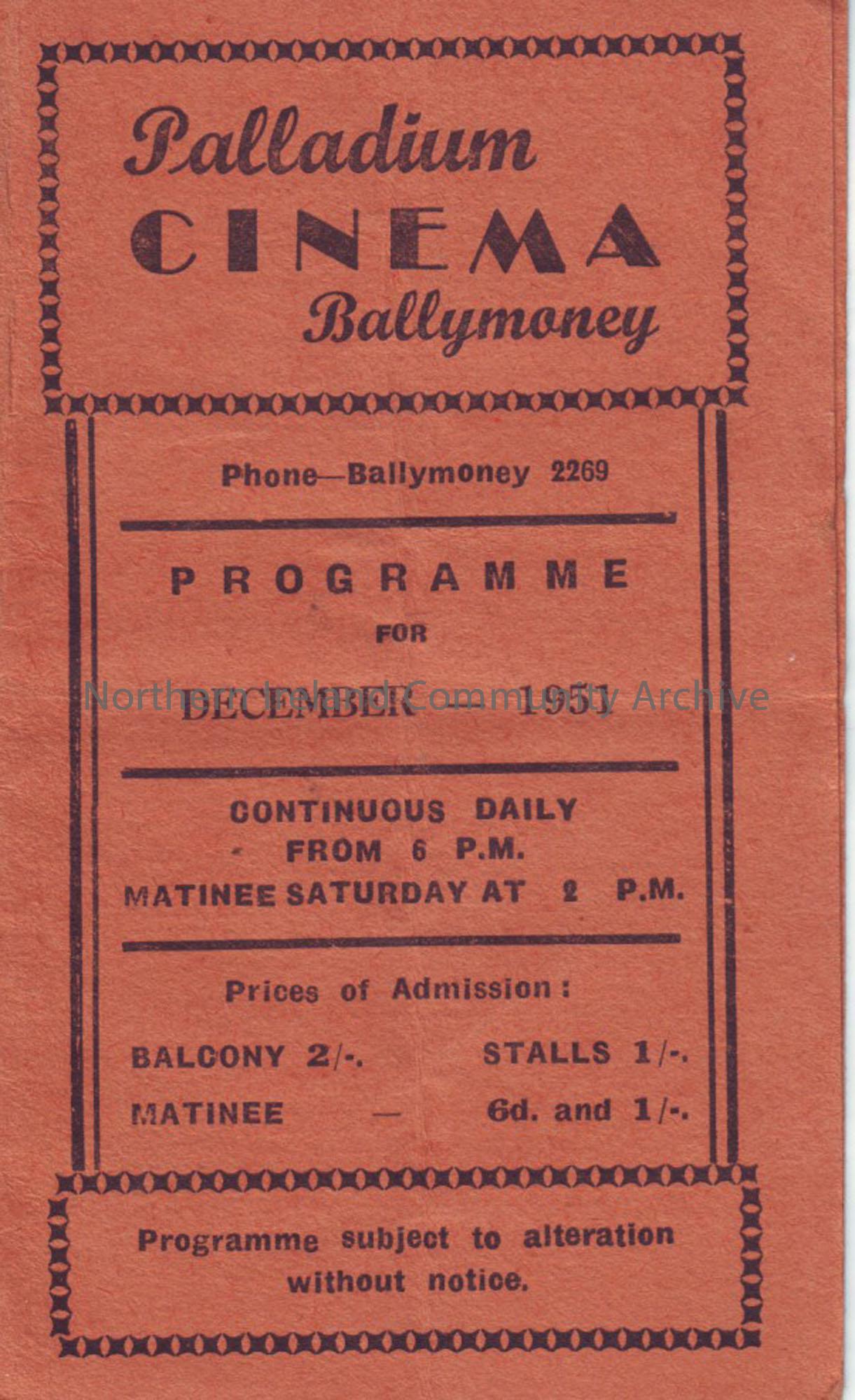 orange monthly programme for Ballymoney Palladium cinema- December 1951