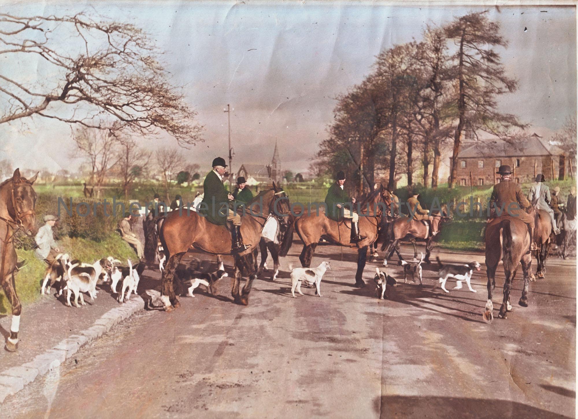 coloured photograph of Route Hunt The meet in picturesque surroundings at miletown, Ballymoney. February 1934.