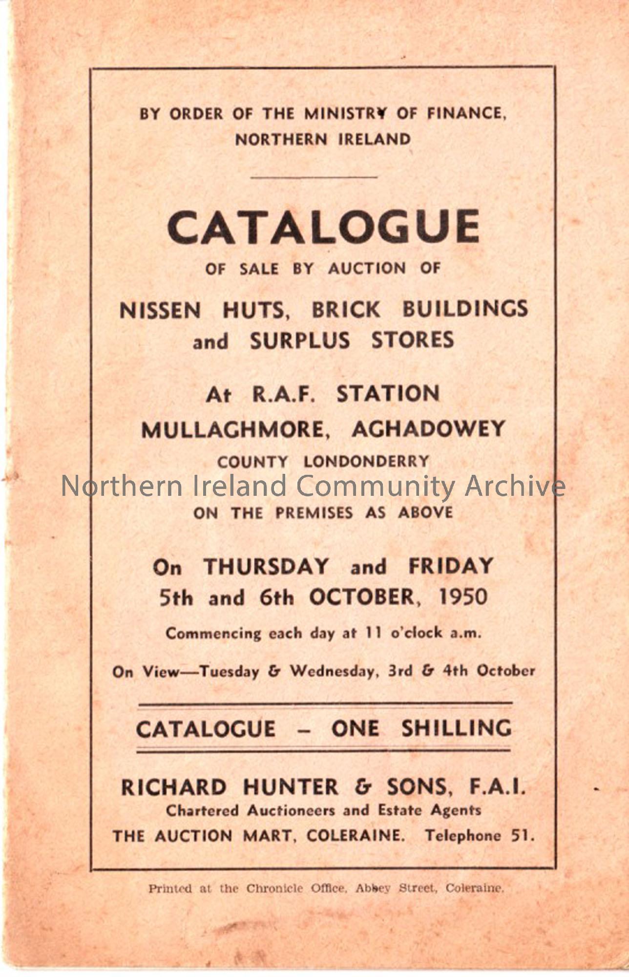 Catalogue of sale by auction of Nissen Huts, Brick buildings and surplus stores at R.A.F Station Mullaghmore, Aghadowey, county Londonderry on Thursda…