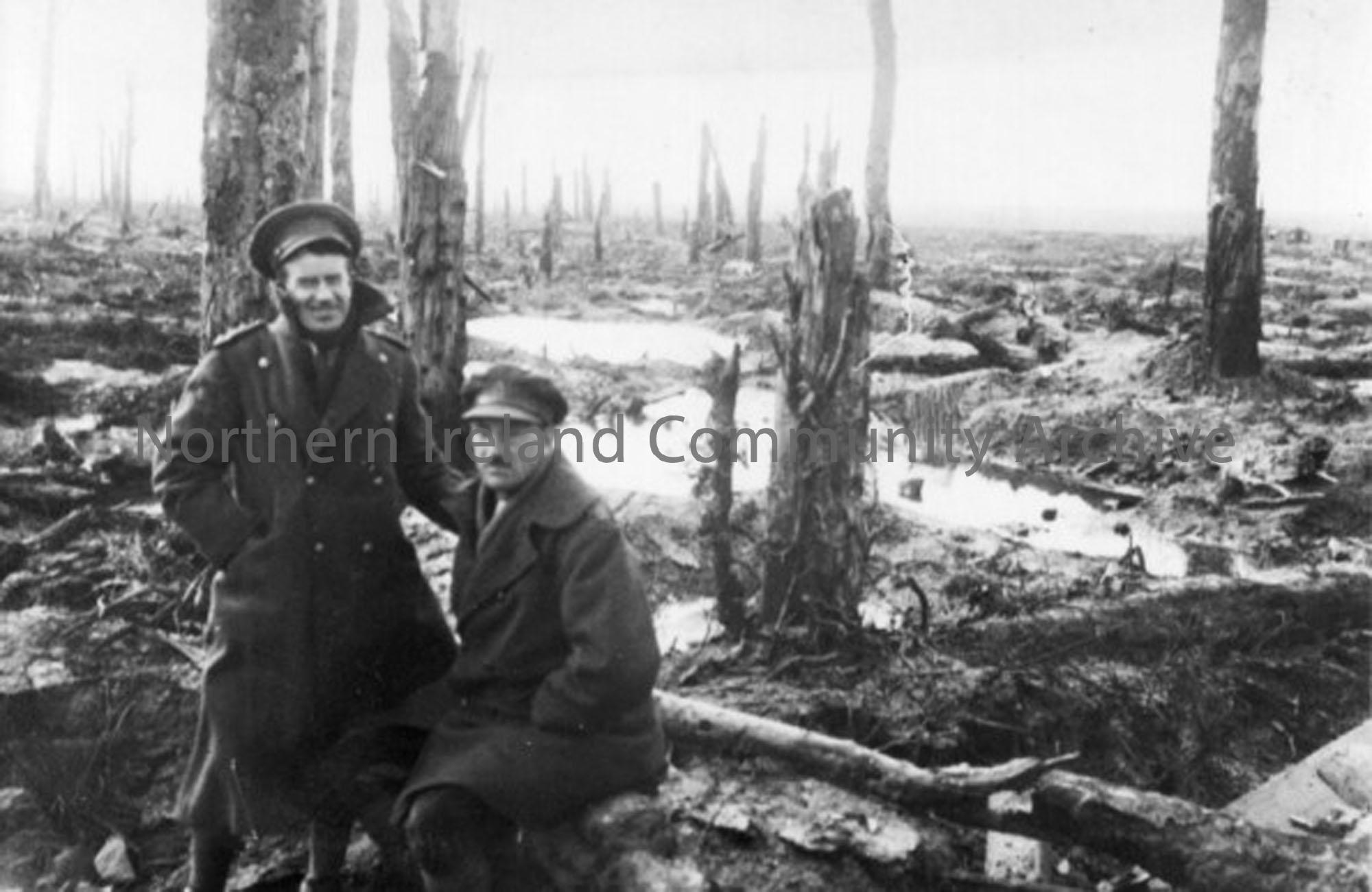Doctor G.W Rea and Major Robb at Inverness Copse on the Ypres to Menin Road. This scene of devastation was common in areas that had seen the most inte…