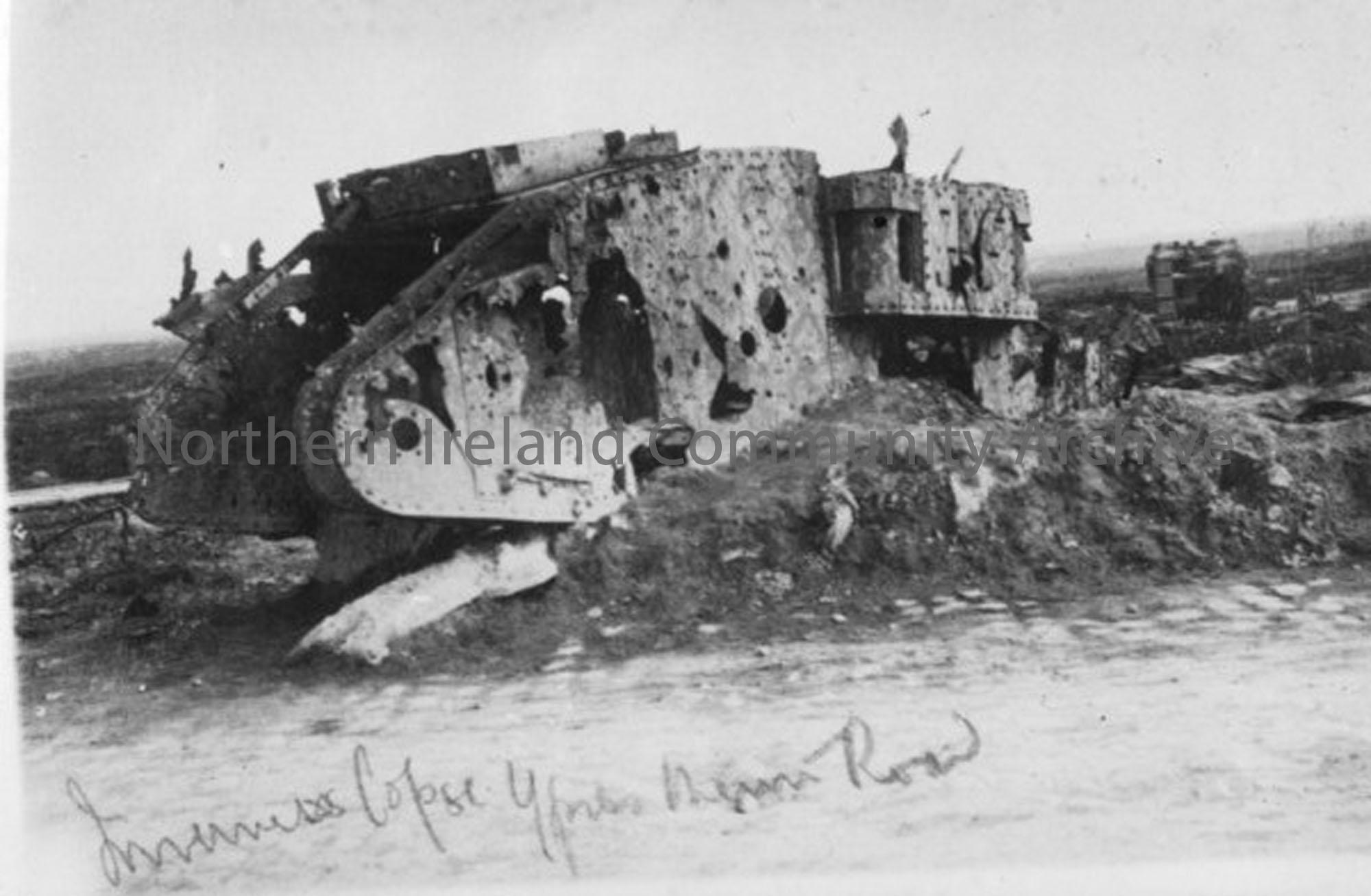 The remains of a British tank at Inverness Copse on the Ypres to Menin Road. These photographs are reproduced from the album of Major John C. Robb, Ro…