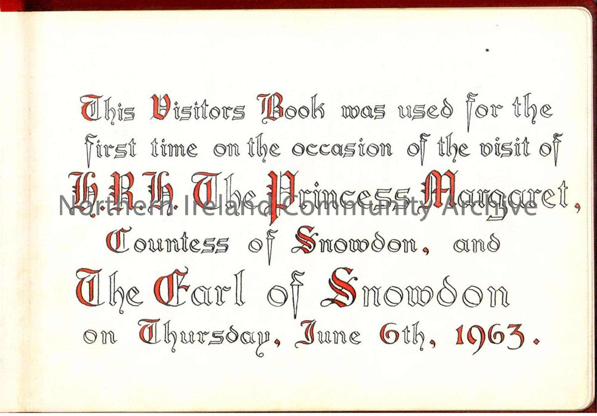 Coloured copy of pages from the Ballymoney Urban District Council visitors book, used for the first time on the occasion of the visit of H.R.H The Pri…