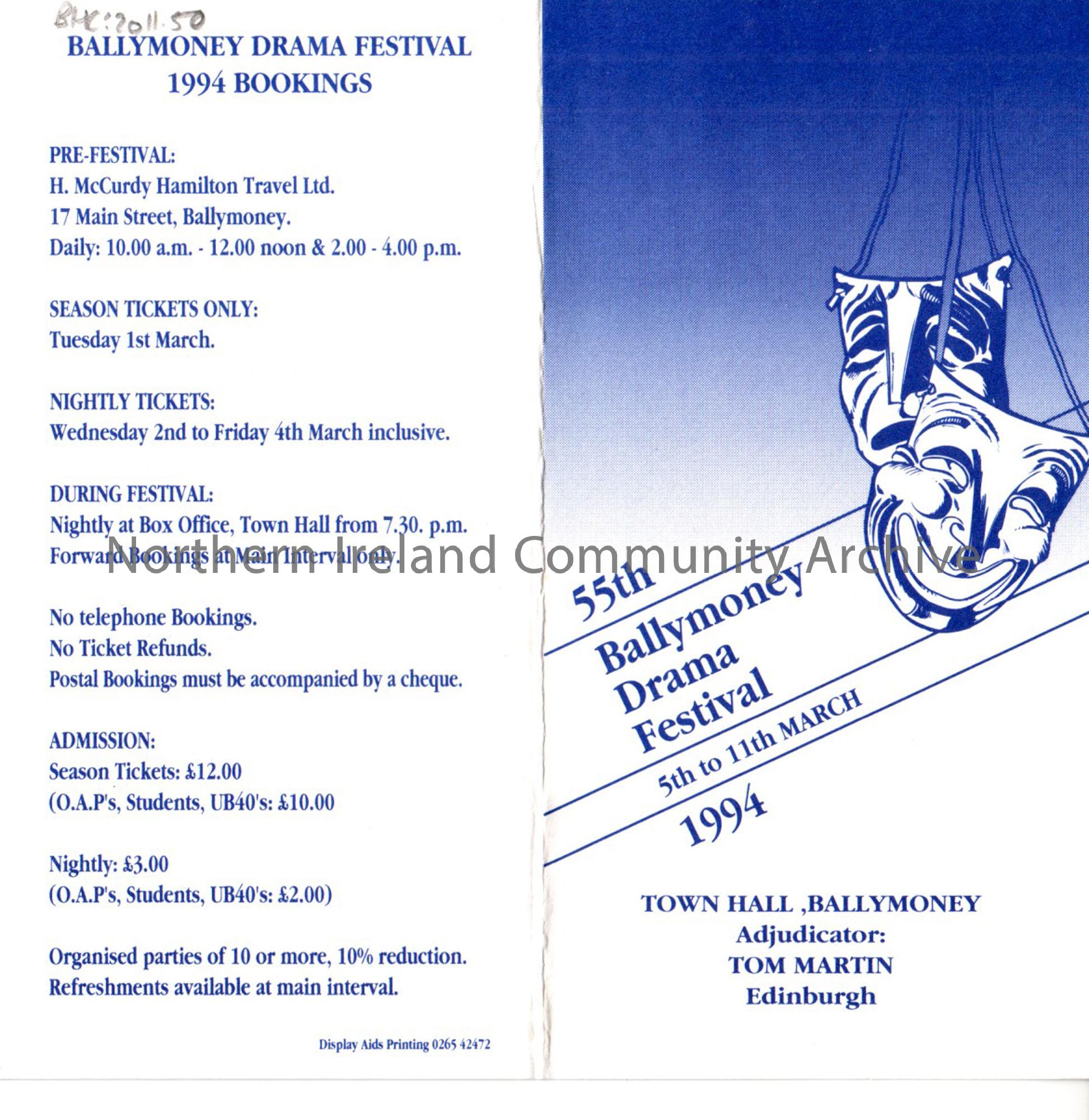 flier for the 55th Ballymoney Drama Festival 5th to 11th March 1994