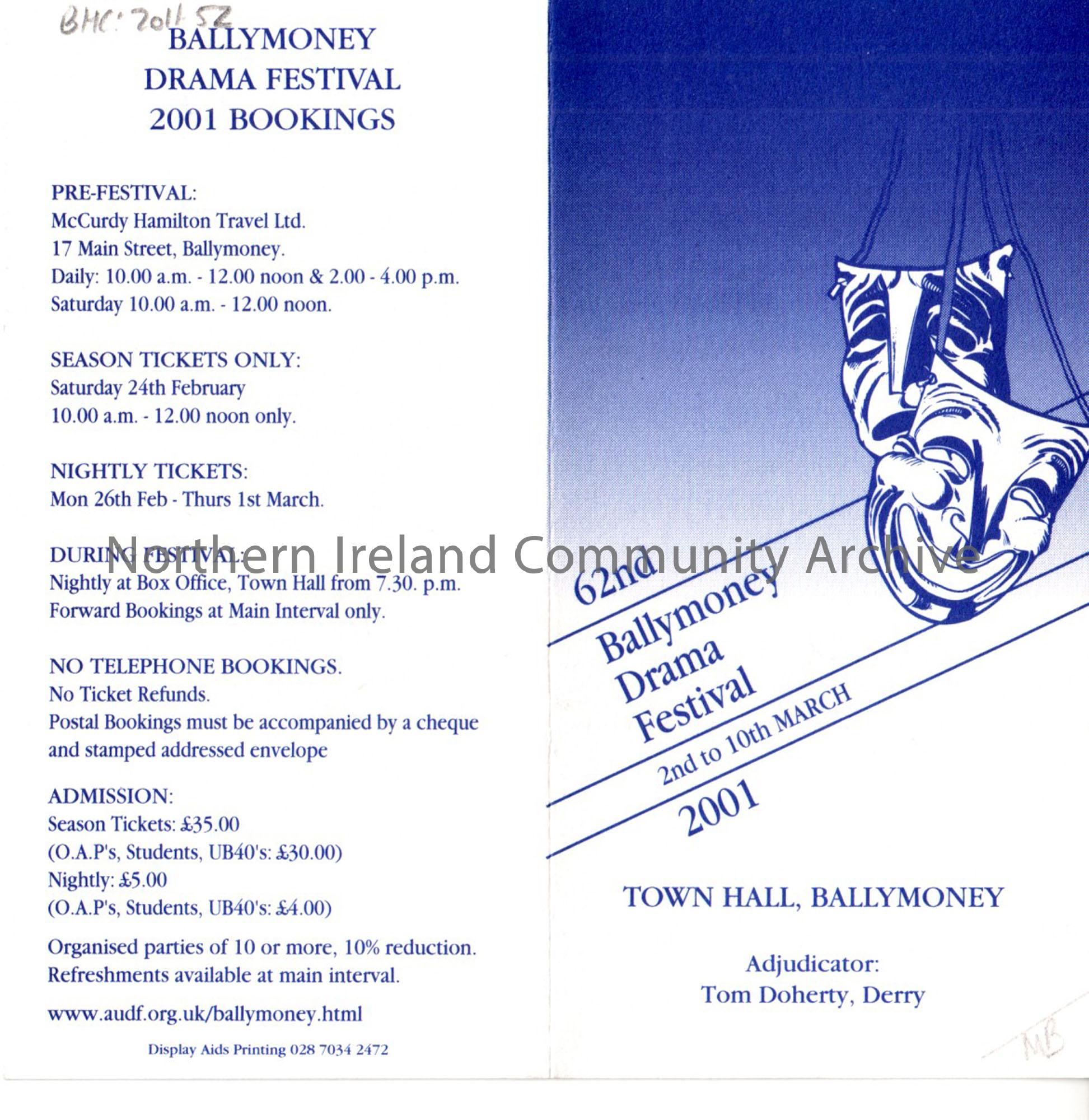 flier for the 62nd Ballymoney Drama Festival 2nd to 10th March 2001
