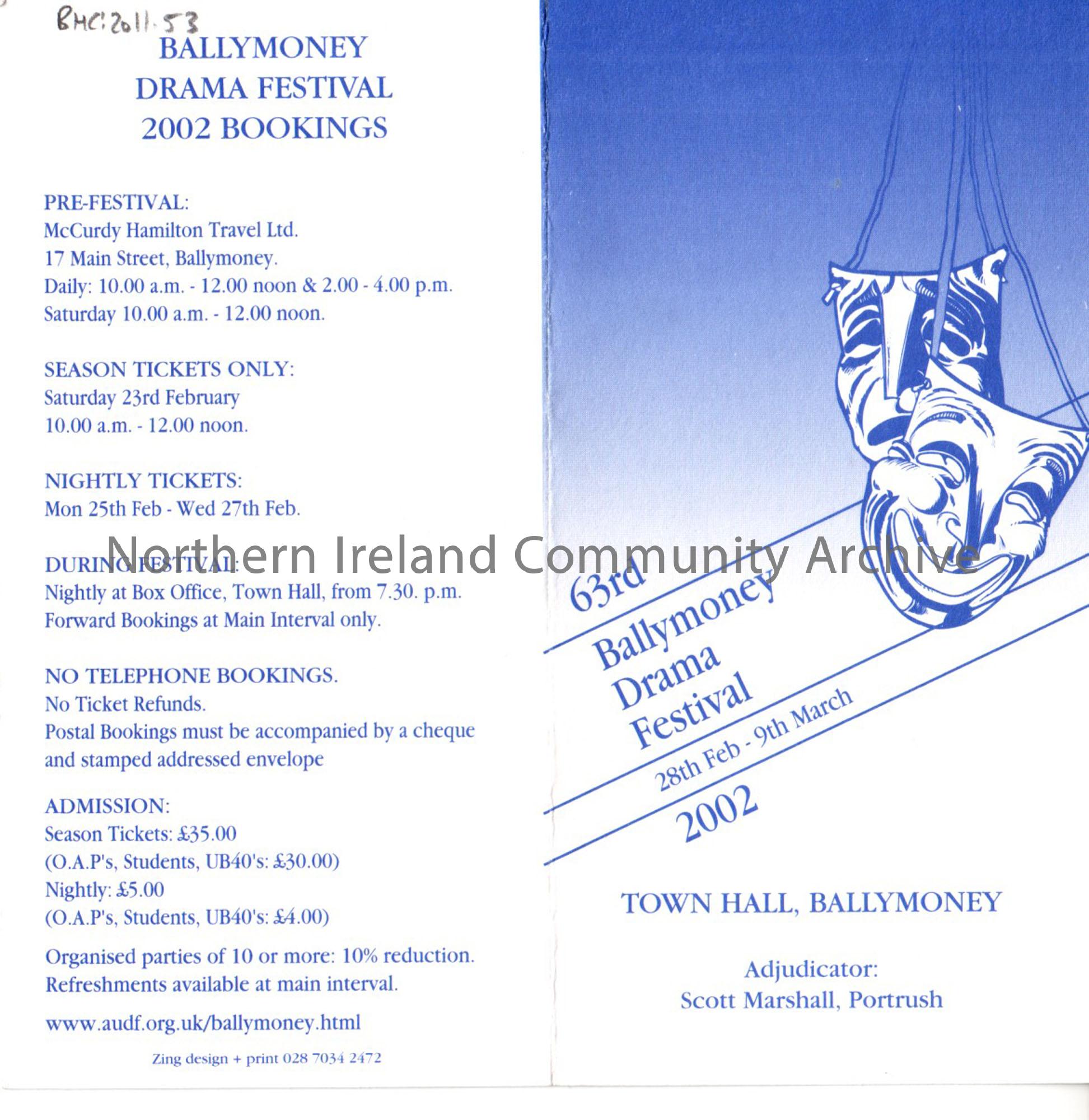 flier for the 63rd Ballymoney Drama Festival 28th February to 9th March 2002