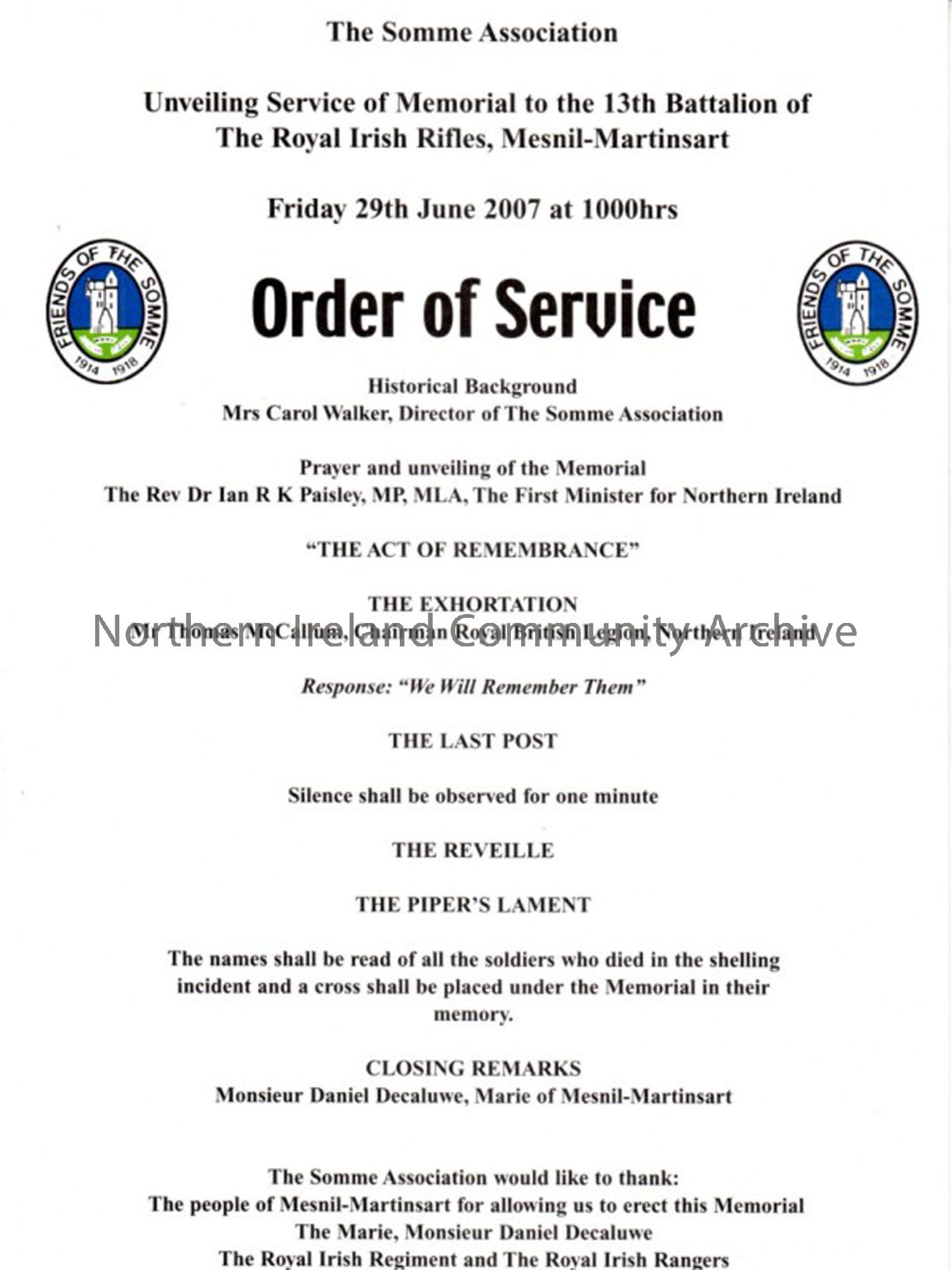The Somme Association unveiling service of Memorial to the 13th Battalion of the Royal Irish Rifles, Mesnil-Martinsart, Friday 29th June 2007 at 1000h…