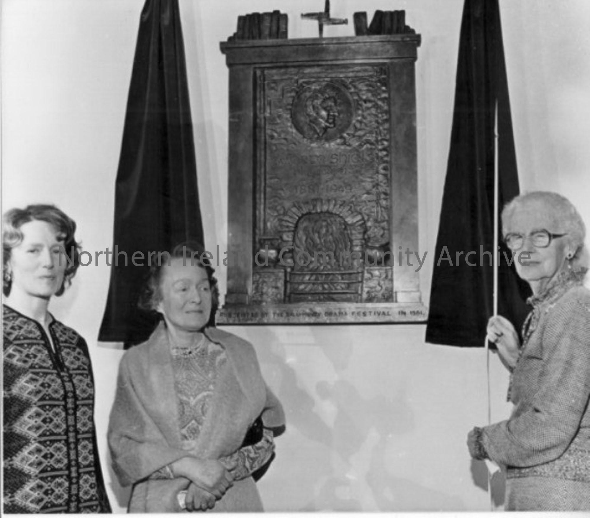 Black and white photograph of the unveiling of George Shiels plaque in Ballymoney Town Hall. 2nd March 1981. From left to right in photograph is Mrs L…