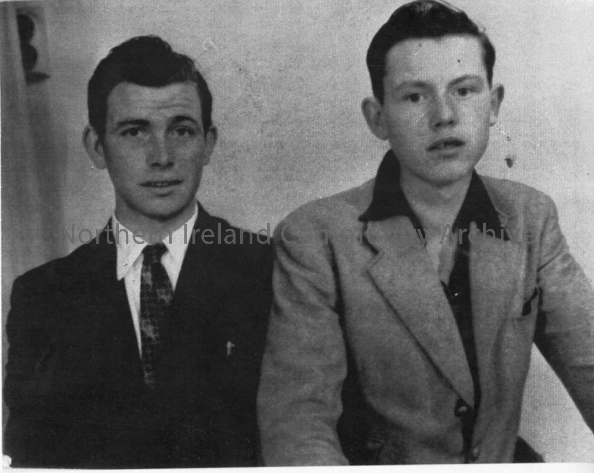 copy of a black and white photograph of the Tommy McIntyre and Steven McDowell taken in 1956 in Dan Biggart’s shop, Main Street, Ballymoney. Cost for …