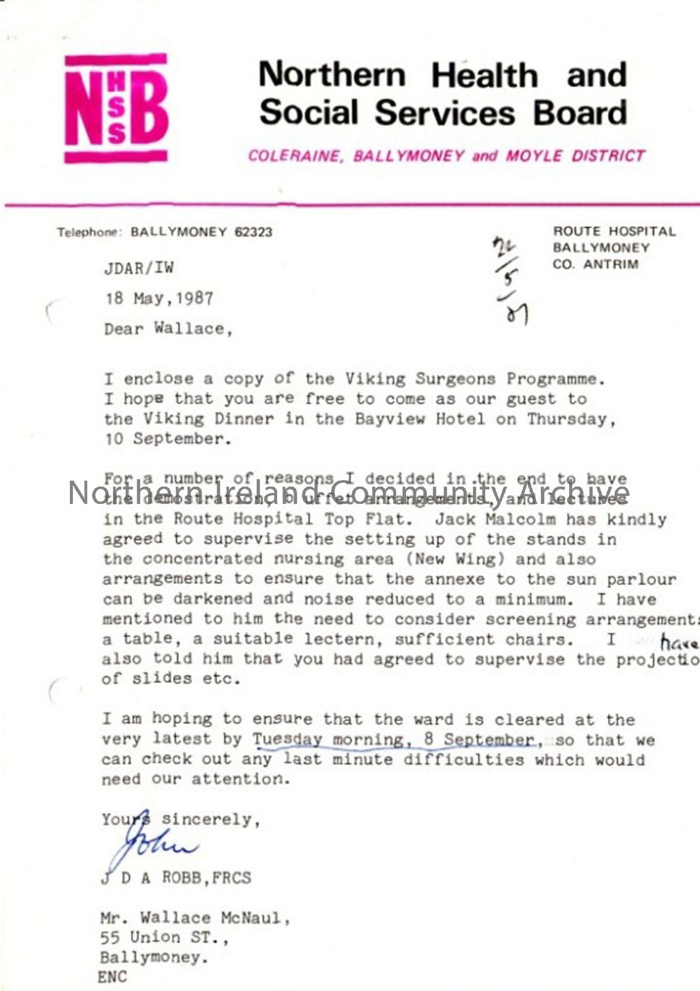 Letter headed correspondance regarding the Viking Surgeons annual dinner including programme. Dated 18th May 1987 and addressed to Wallace McNaul.