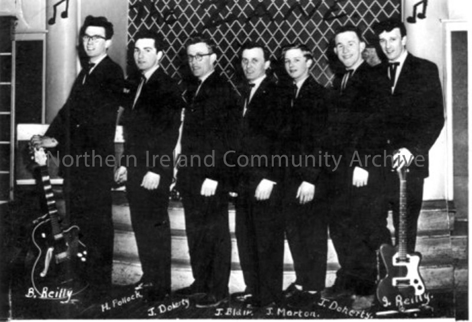 Black and white photograph of ‘The Zane Band’ c. 1960’s. Names are printed underneath each person; B Reilly, H Pollock, J Blair, j Marton, j.Reilly