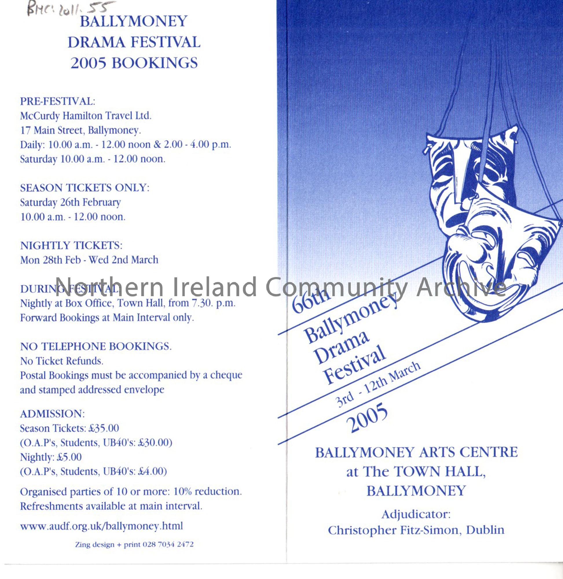 flier for the 66th Ballymoney Drama Festival 3rd to 12th March 2005