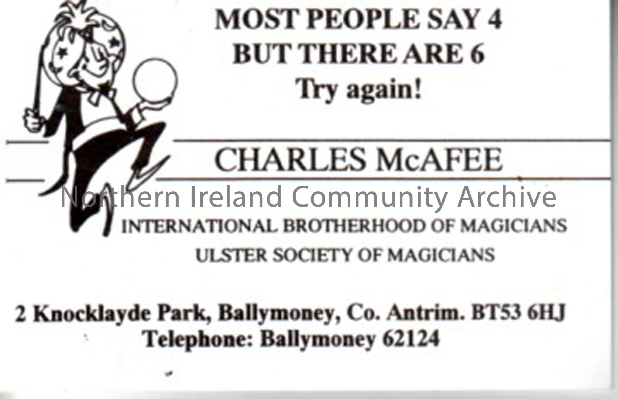 Charlie McAfee, International Brotherhood of Magicians Ulster Society of Magicians buisness card