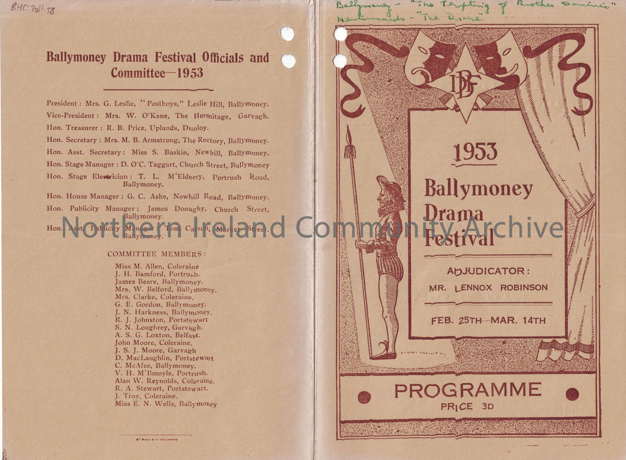 Programme for Ballymoney Drama Festival 1953