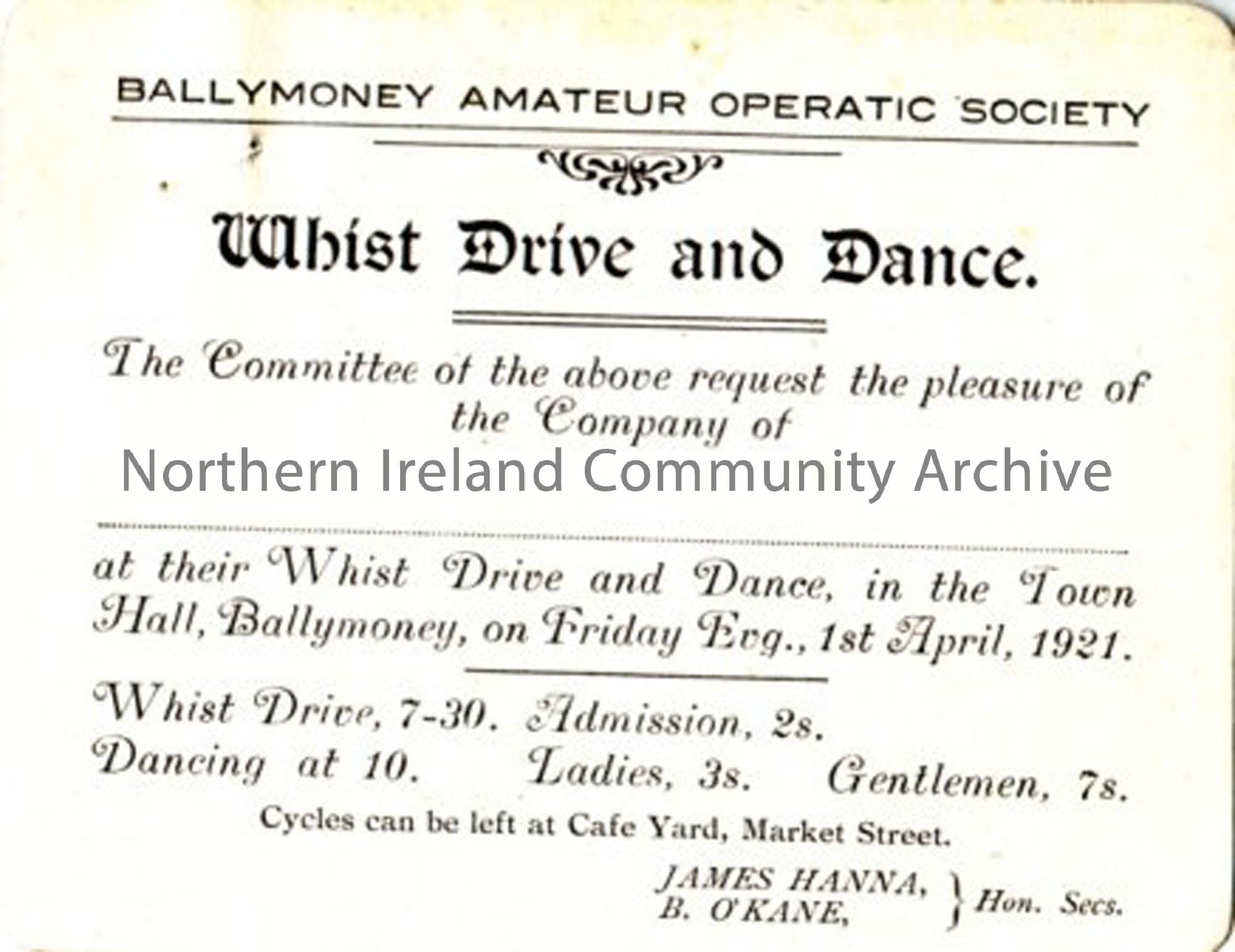 Ballymoney Amateur Operatic Society ‘Whist Drive and Dance’. 1st April 1921.