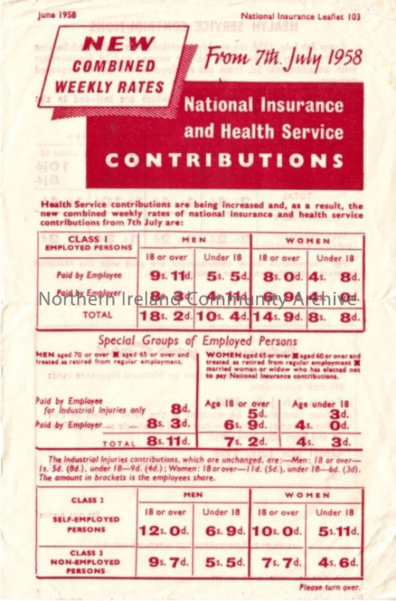 National Insurance leaflet, June 1958. Outlines contributions to be made.