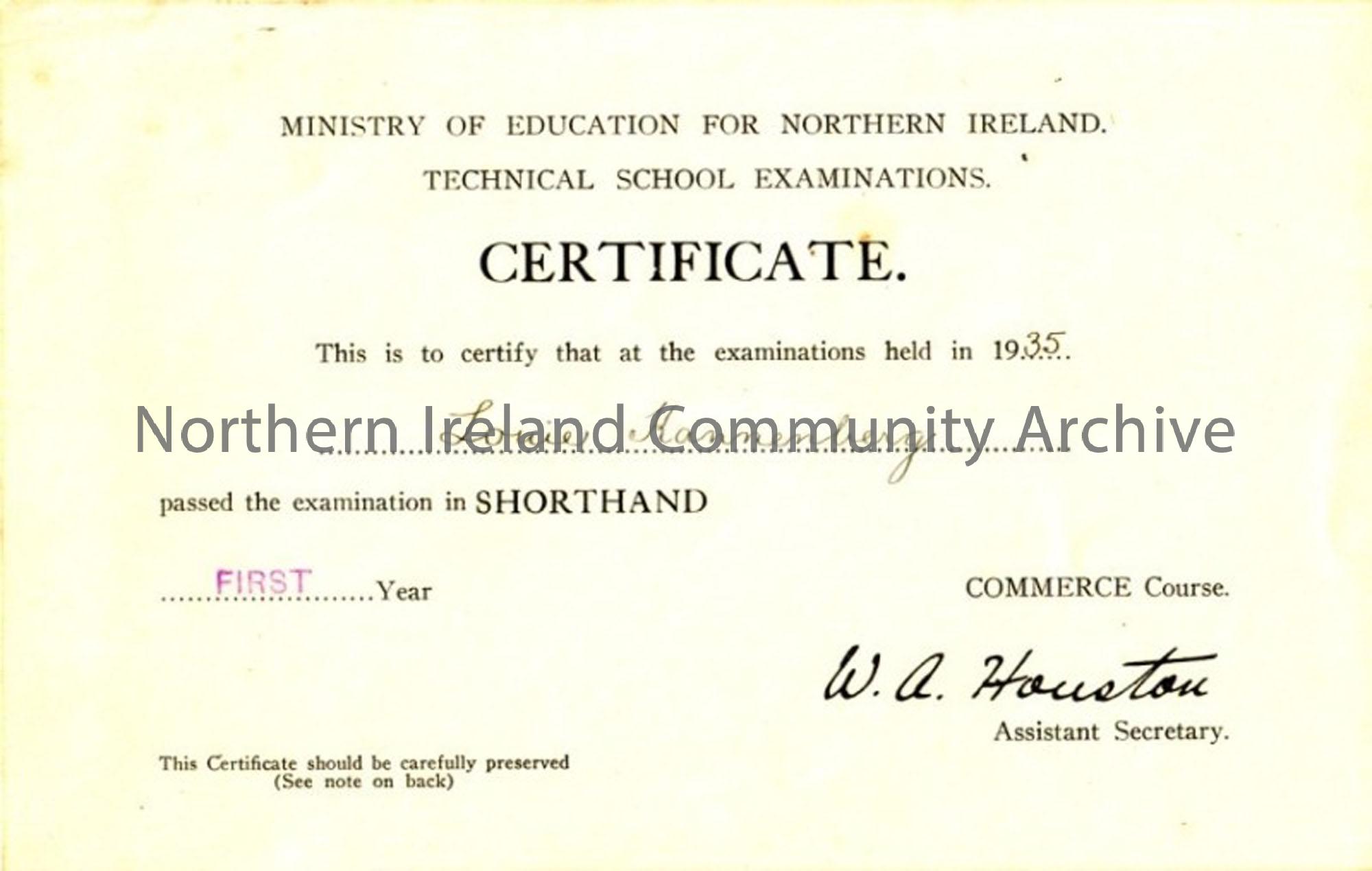 Certificates awarded by the Technical to Louie Kannenburg 1935. Certificates include, shorthand, commerce, book-keeping, typewriting, commerical arith…