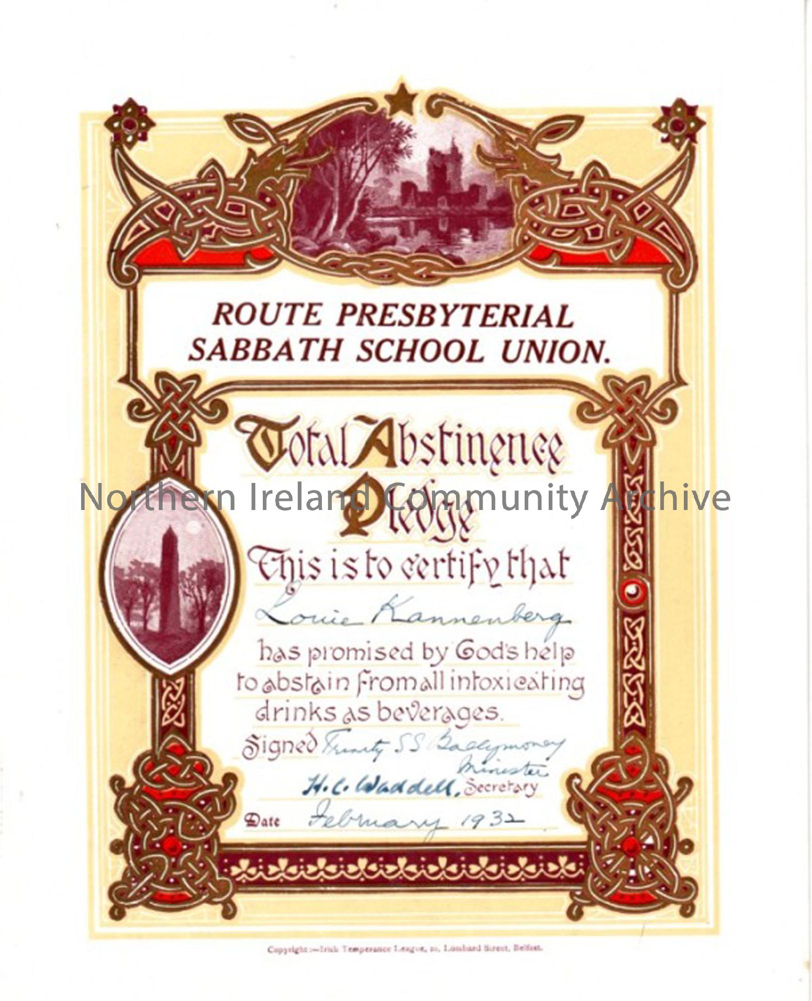 Route Presbyterian Sabbath School Union, Total Abstinence Pledge- Louie Kannenberg. February 1932