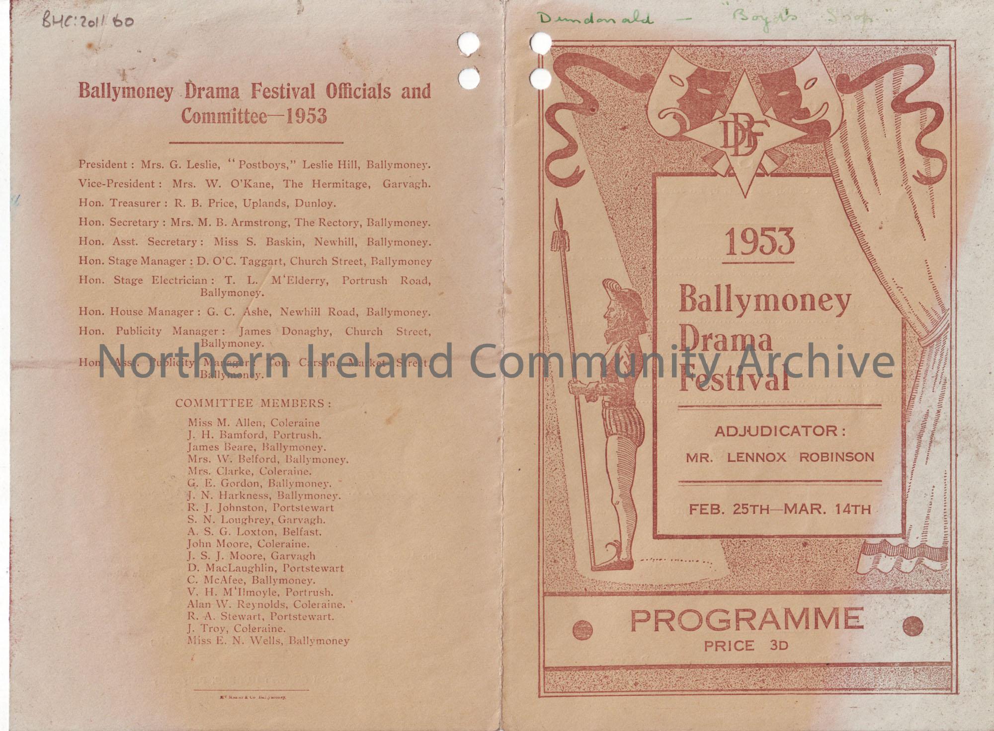 Programme for Ballymoney Drama Festival 1953, Feb 25th- Marc 14th