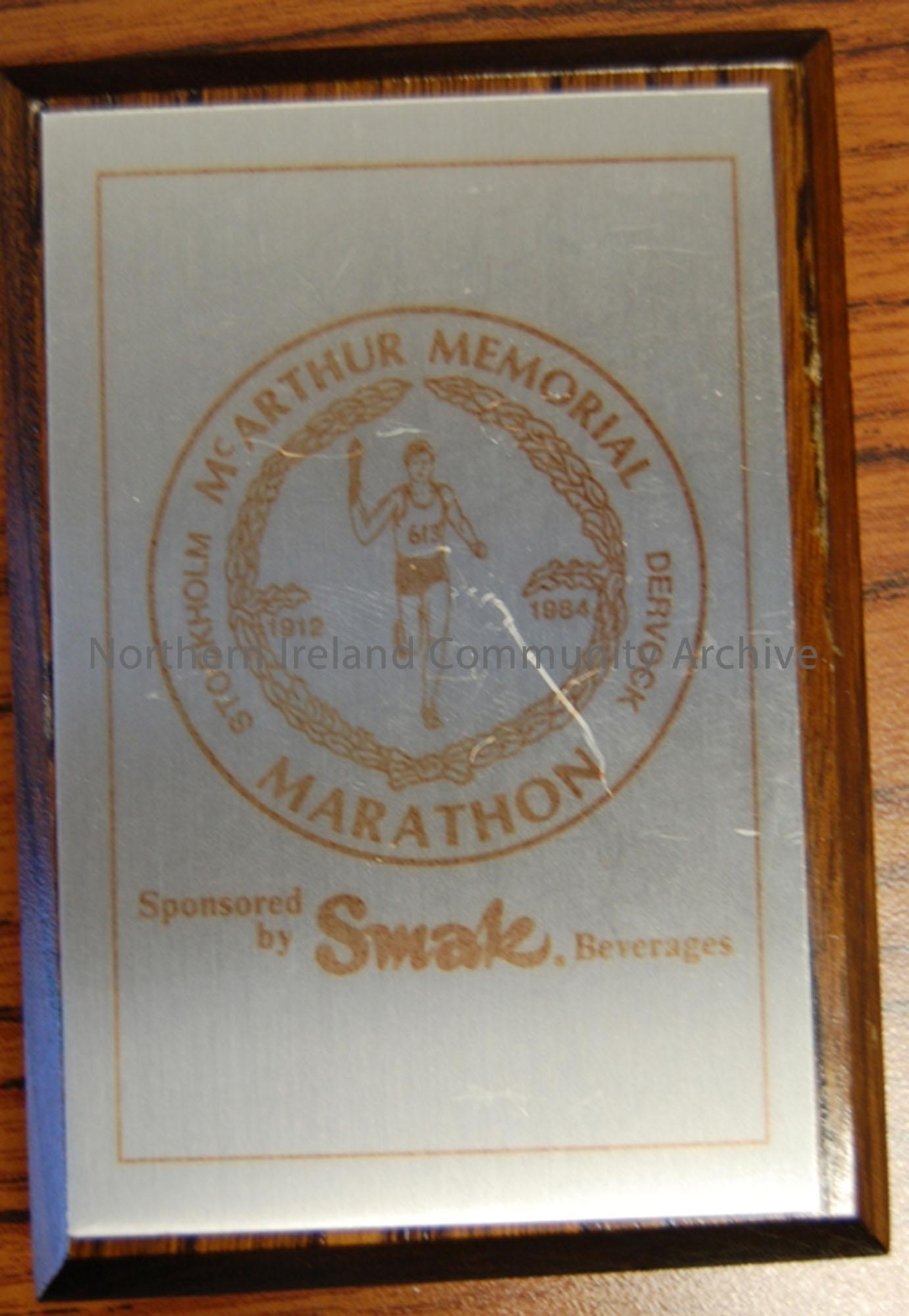 McArthur Memorial Marathon July 14th 1984 finishers plaque sponsored by Smak beverages.