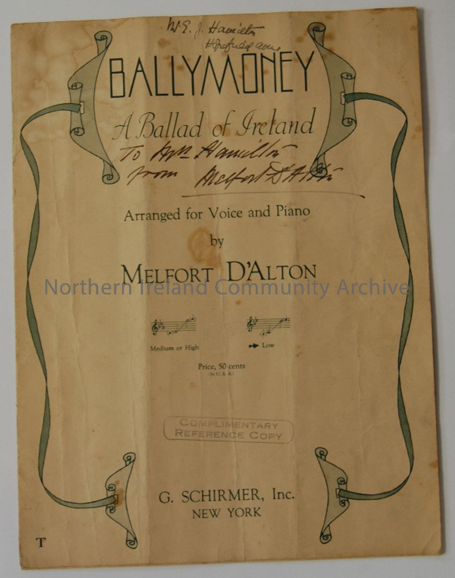 Sheet music for ‘Ballymoney: A Ballad of Ireland’ Arranged for voice & piano by Melfort D’Alton, price 50 cents.