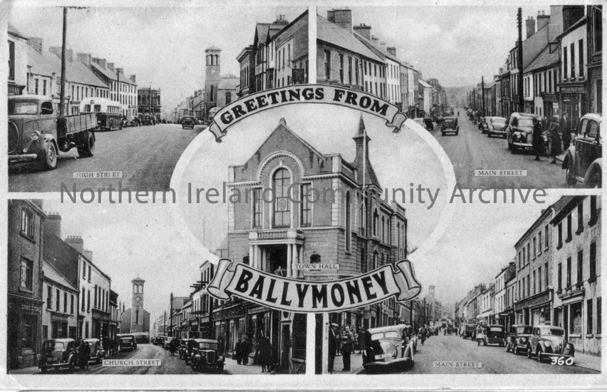 Black and white postcard “Greeting from Ballymoney”