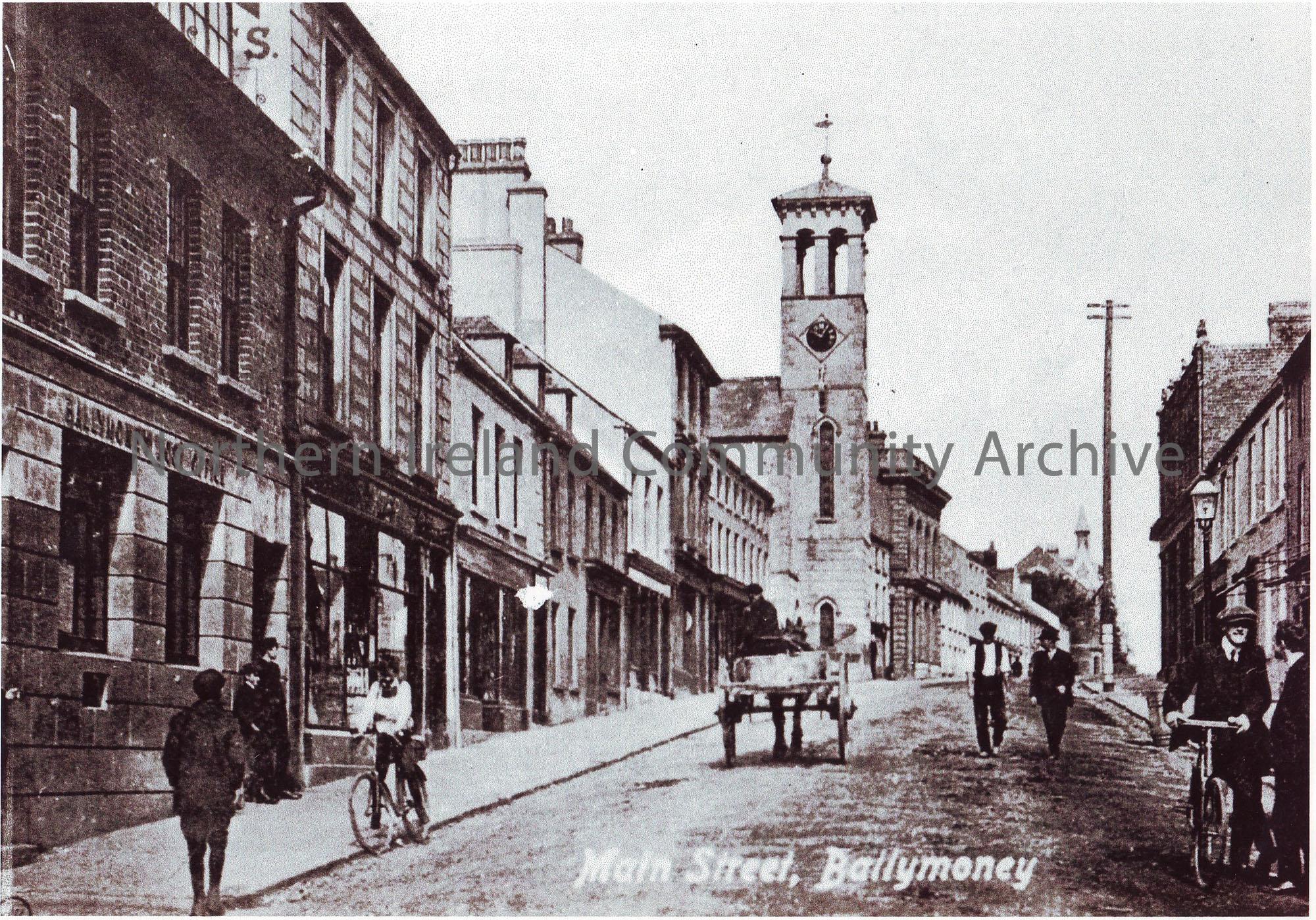 b&w photocopy of Main St, Ballymoney. View up towards Clock Tower