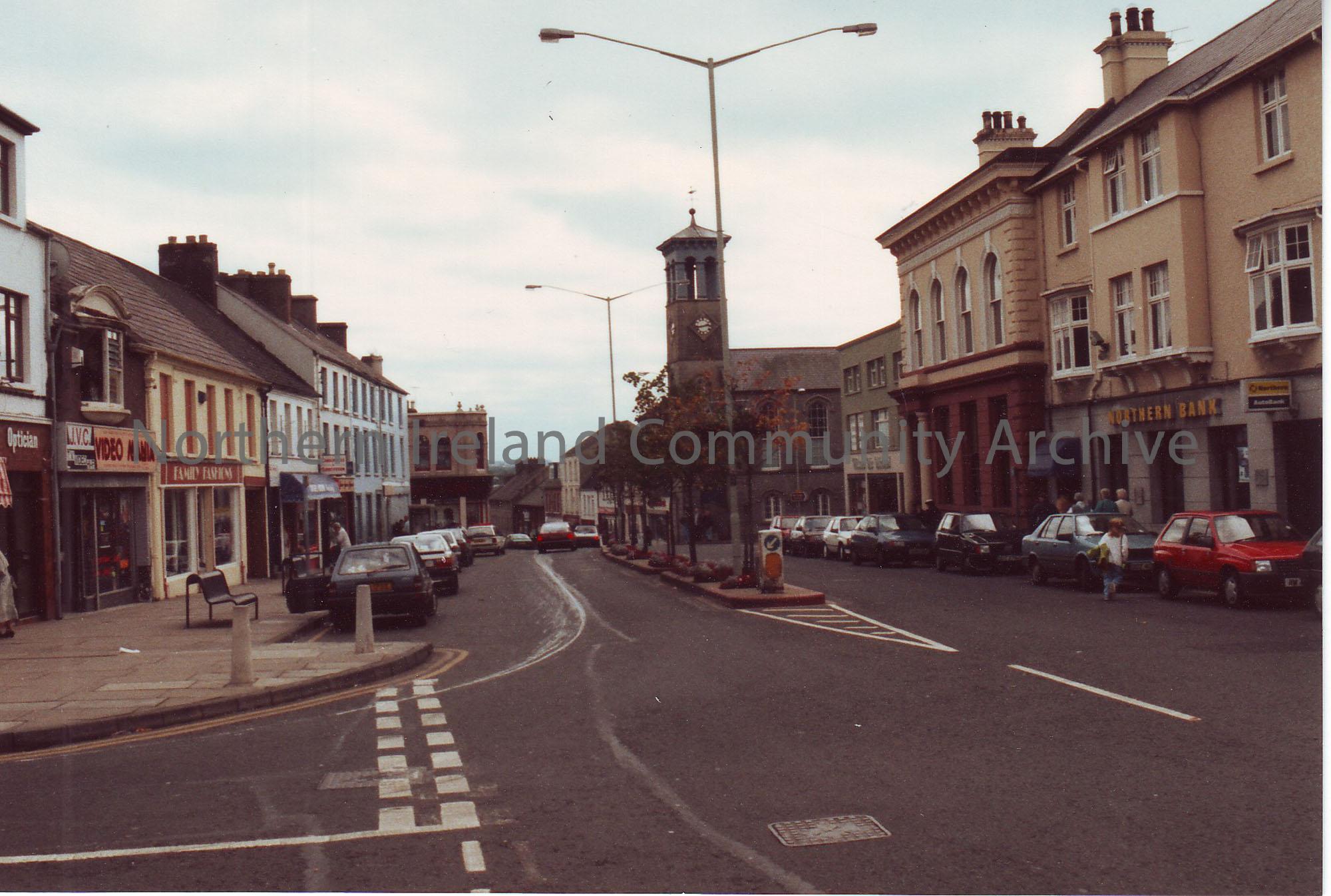 colour photograph, c 1990s. View down High Street. Buildings visible include: Wilson Mc Michael’s, Nothern Bank