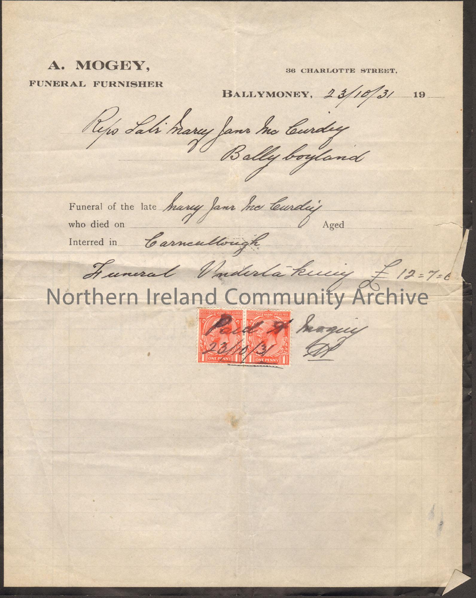 Invoice from A. Mogey, Funeral Furnisher on white paper with a black frame.