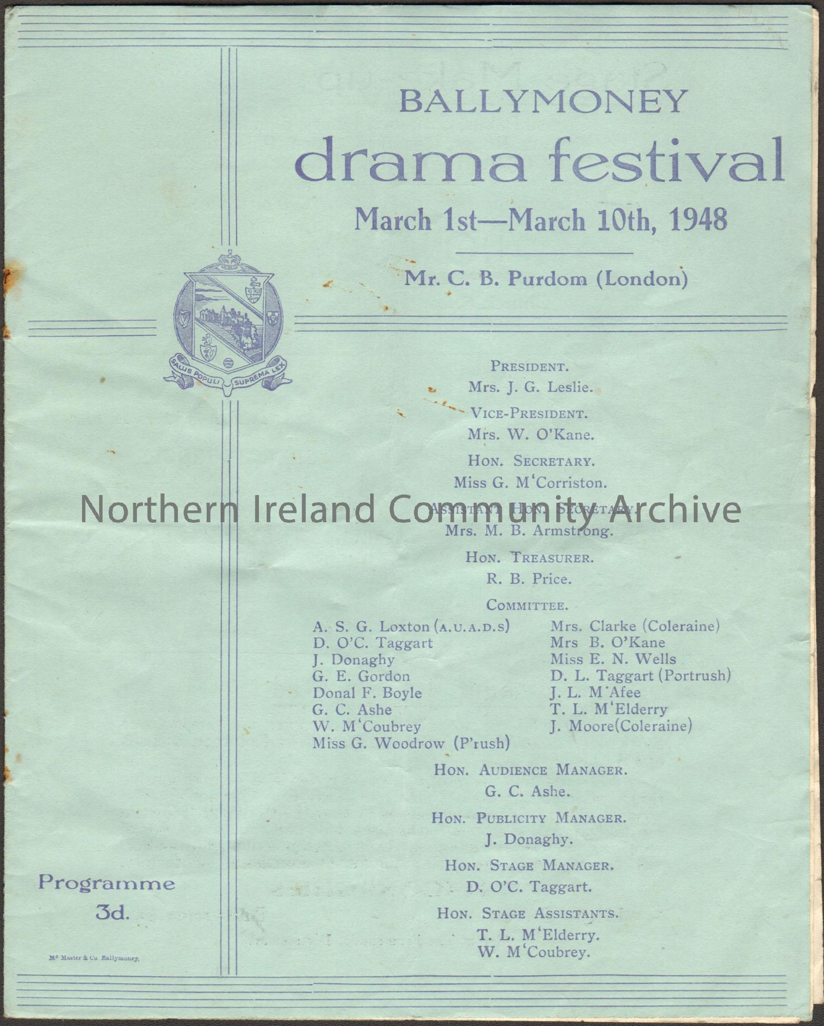 Light blue Ballymoney drama festival programme from 1948, with crest