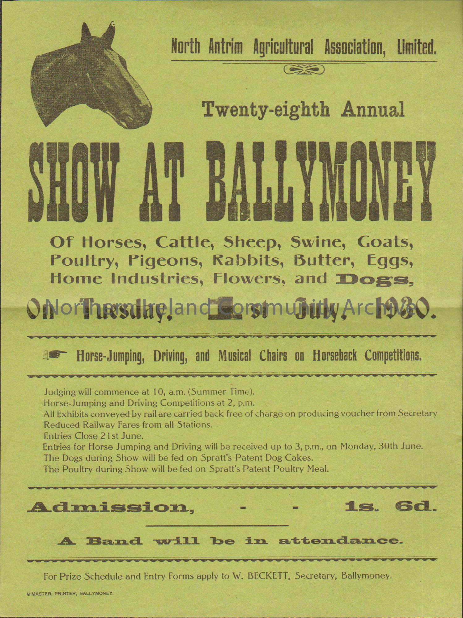 Green poster produced by the North Antrim Agricultural Association, Limited, advertising 28th annual Show at Ballymoney on Tuesday 1st July 1930. Post…