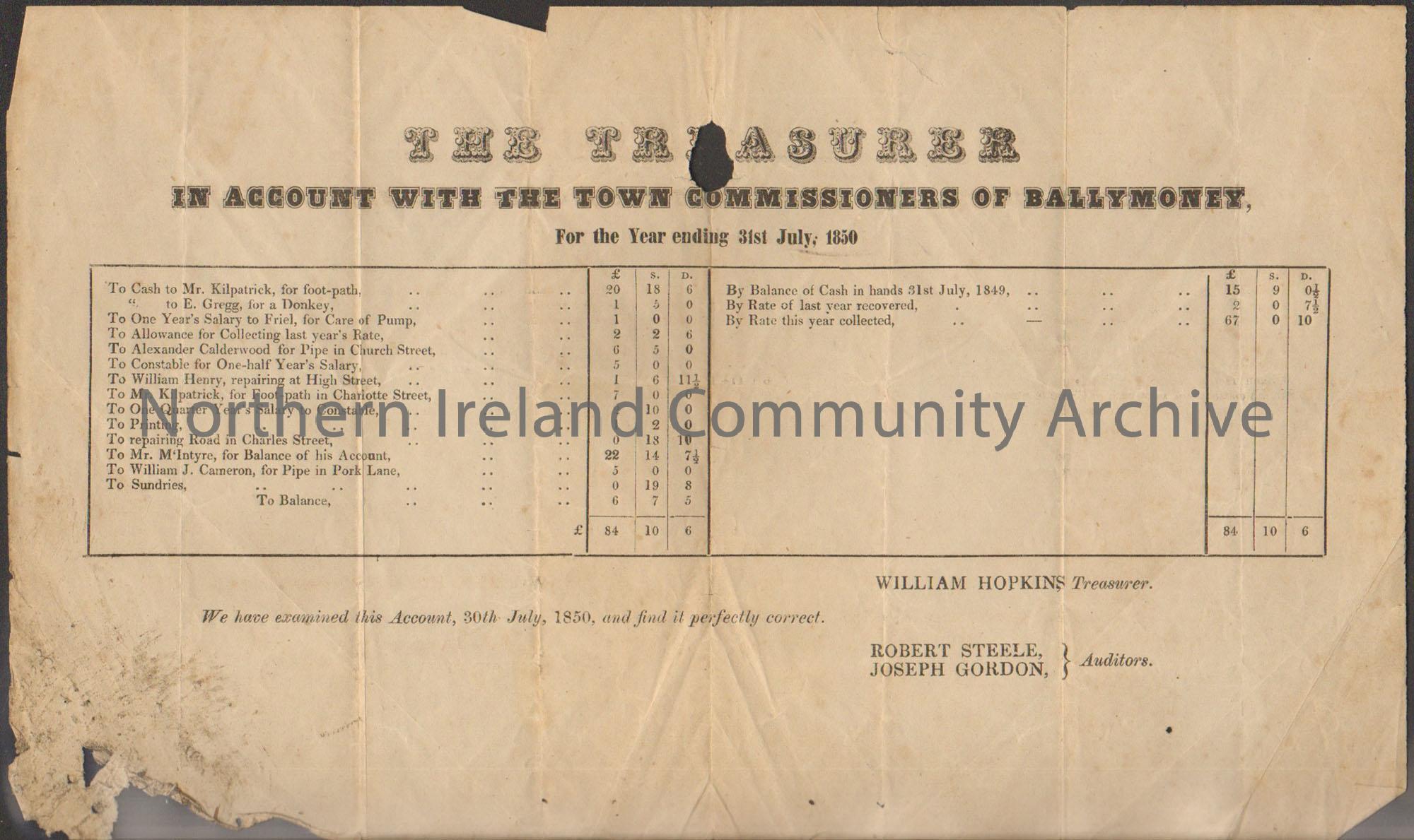 Cream document – The Treasurer in account with the Town Commissioners of Ballymoney