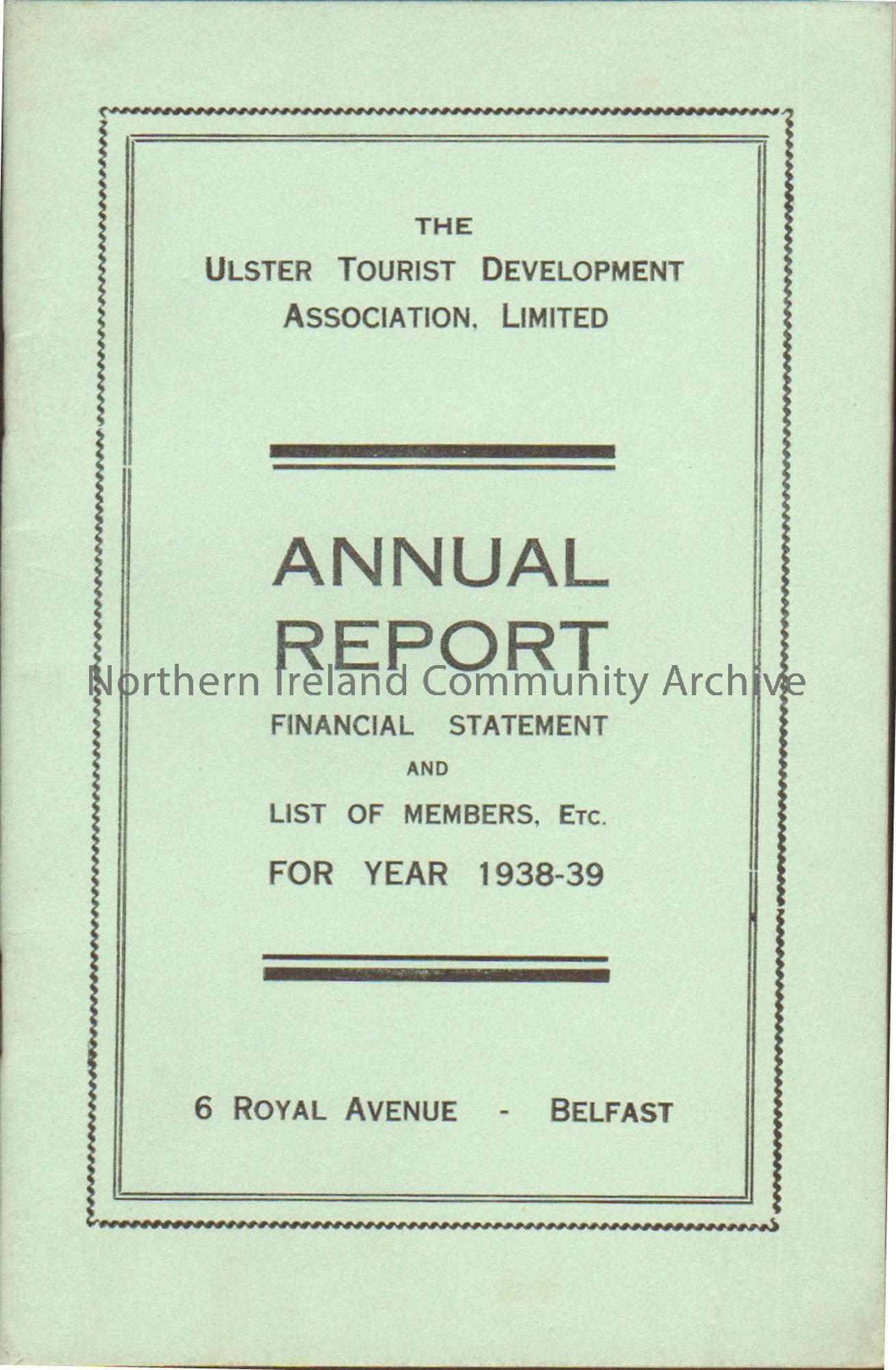 Ulster Tourist Development Association, Limited Annual Report 1938-39. Light green booklet