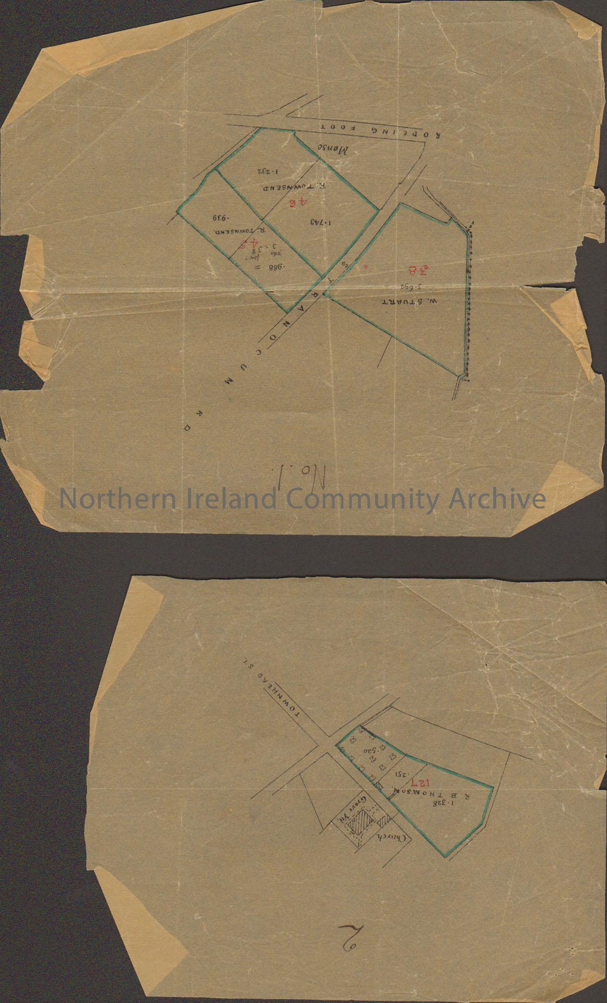 Two plans on brown tracing paper, one showing Rodeing Foot and the other showing the end of Townhead Street and land where Dalriada is now.