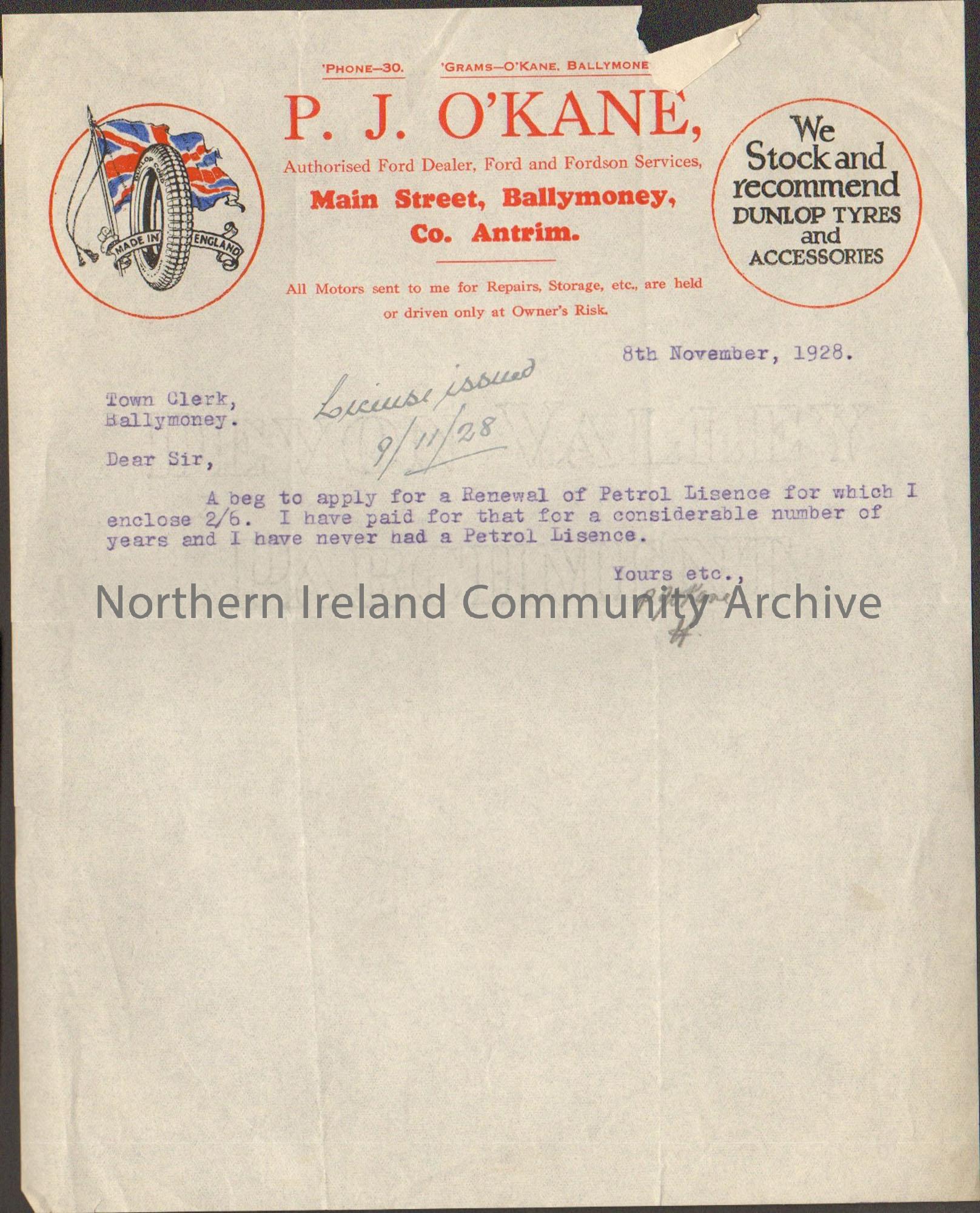 Letter with purple type from P. J. O’Kane, Authorised Ford Dealer applying to renew their petrol license