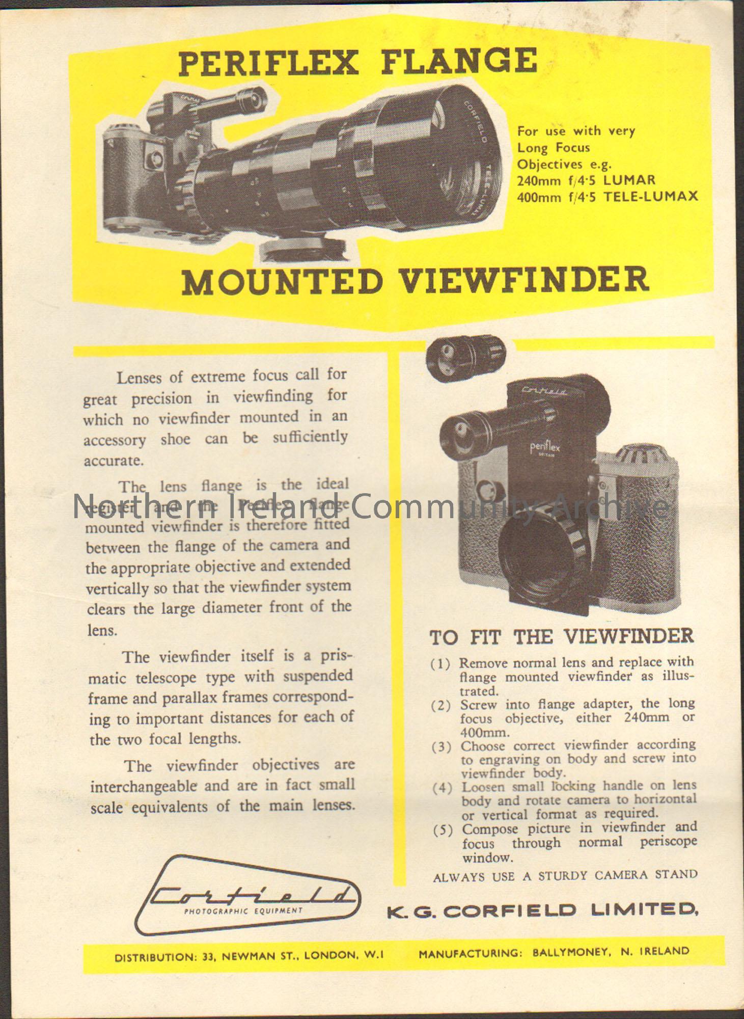 Corfield Photographic Equipment advertisement for the Periflex flange mounted viewfinder. Picture of viewfinder on a lens and also on a camera on a ye…