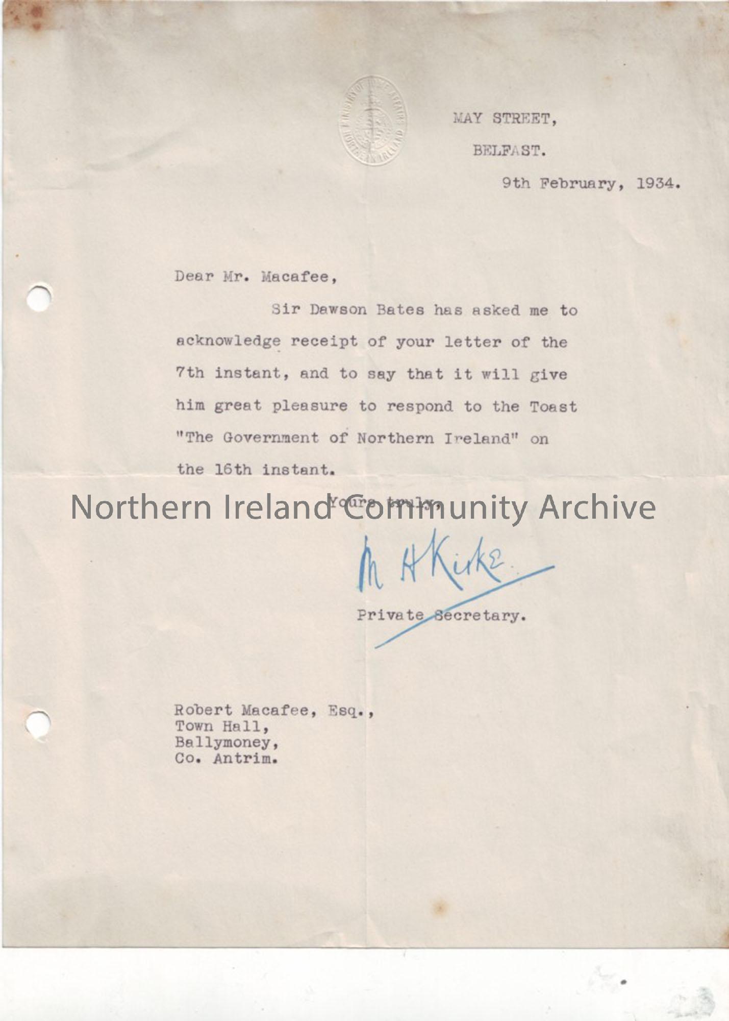 Letters accepting and responding to the invitation to toast at the re-opening of the Town Hall on Friday 16th February 1934