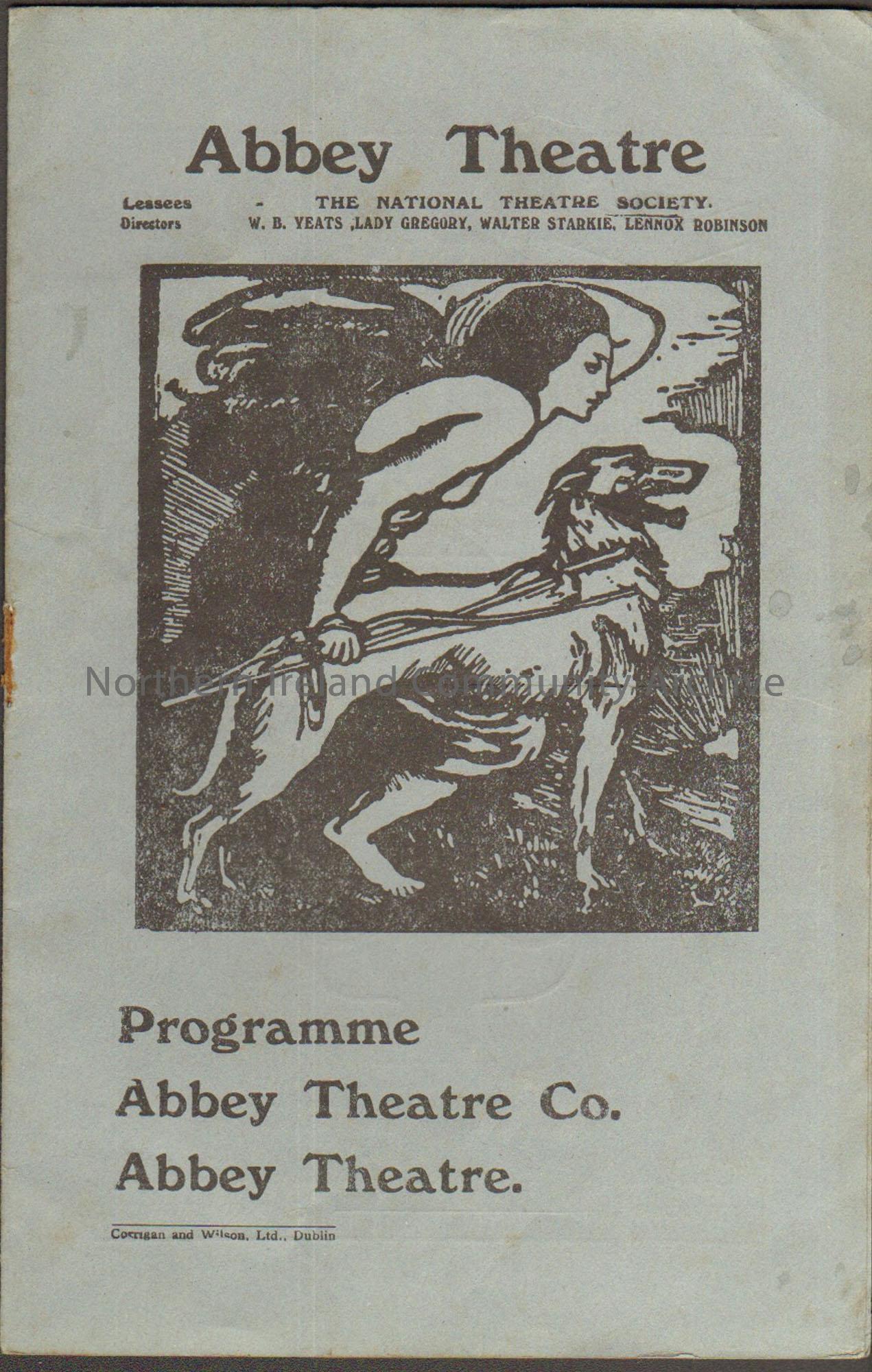 Abbey Theatre programme for a showing of Mountain Dew by George Shiels for the week beginning Monday  5th March 1929. Grey cover with black drawing of…