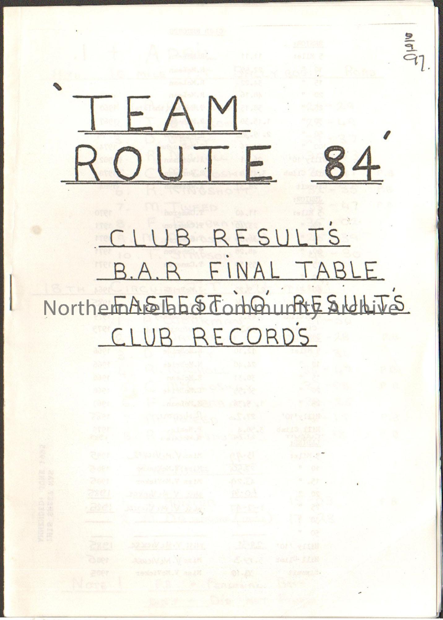 Team Route 84. Club results, B.A.R Final Table, Fastest ’10’ Results, Club Records. White booklet.