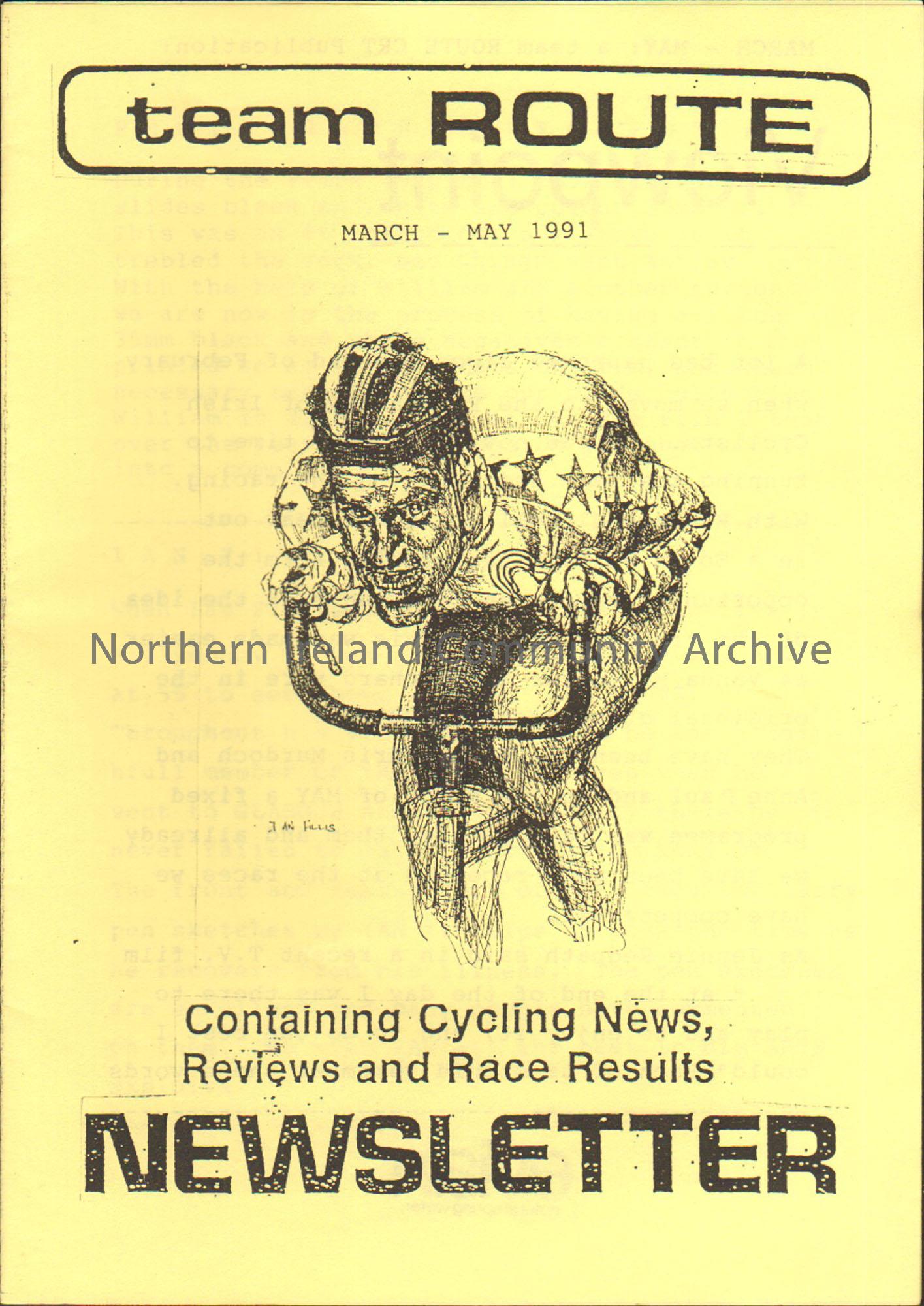 team Route Newsletter. Yellow leaflet with black and white drawing of a man cycling