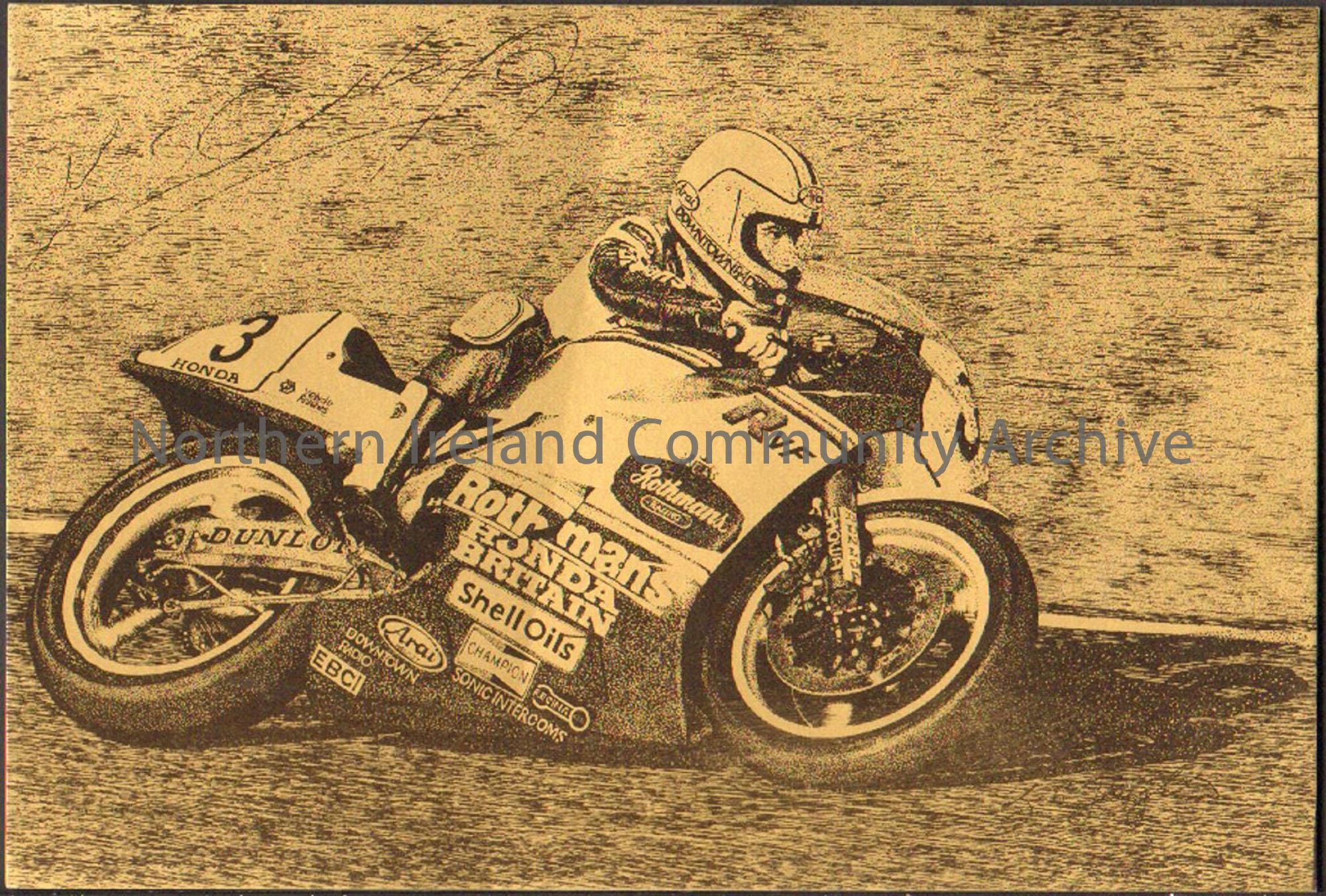 Gold and black sketch of Joey Dunlop riding a Rothmans Honda