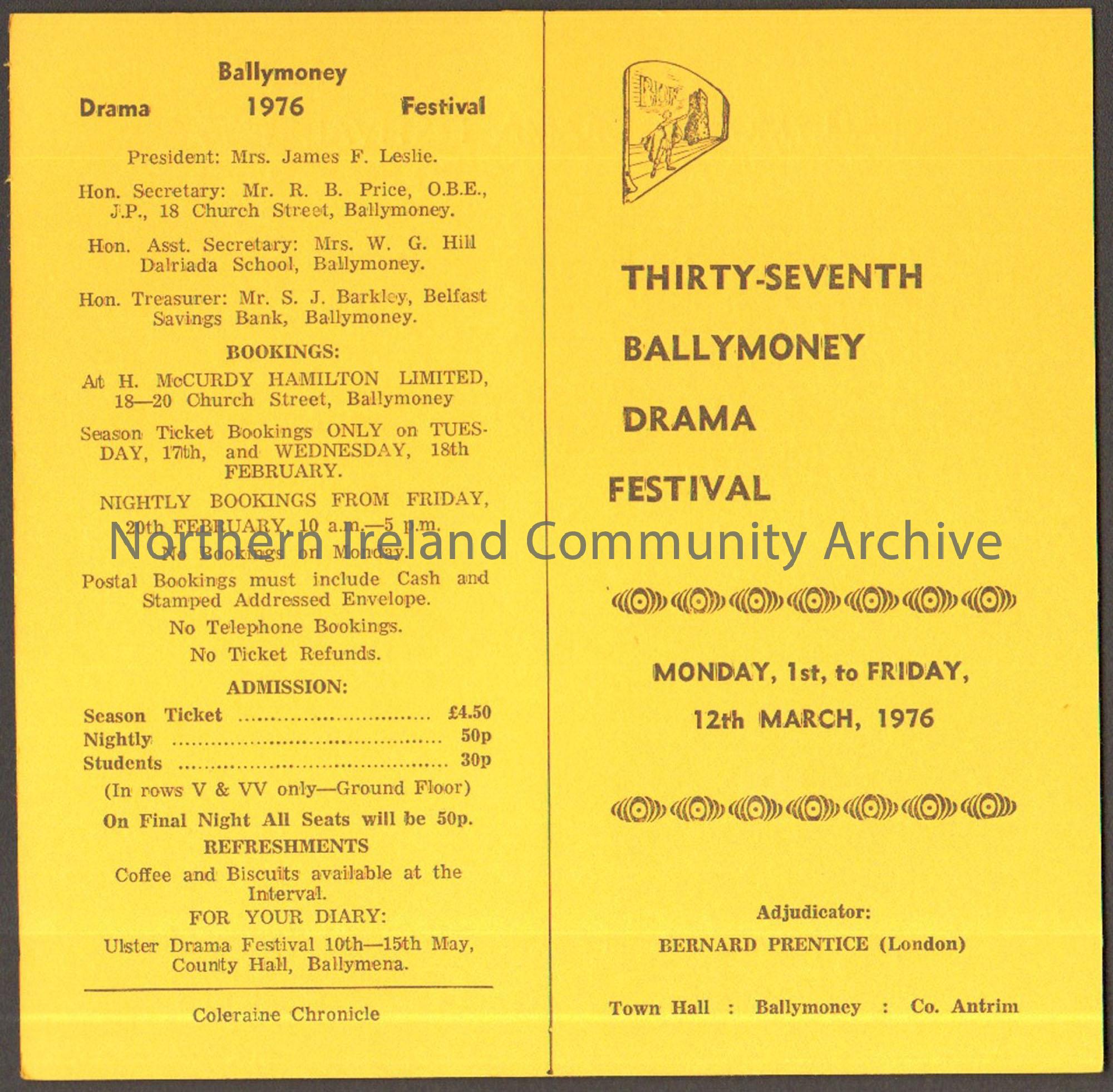Flier listing plays at the Ballymoney Drama Festival for 1976. Orange/yellow piece of card with black writing.