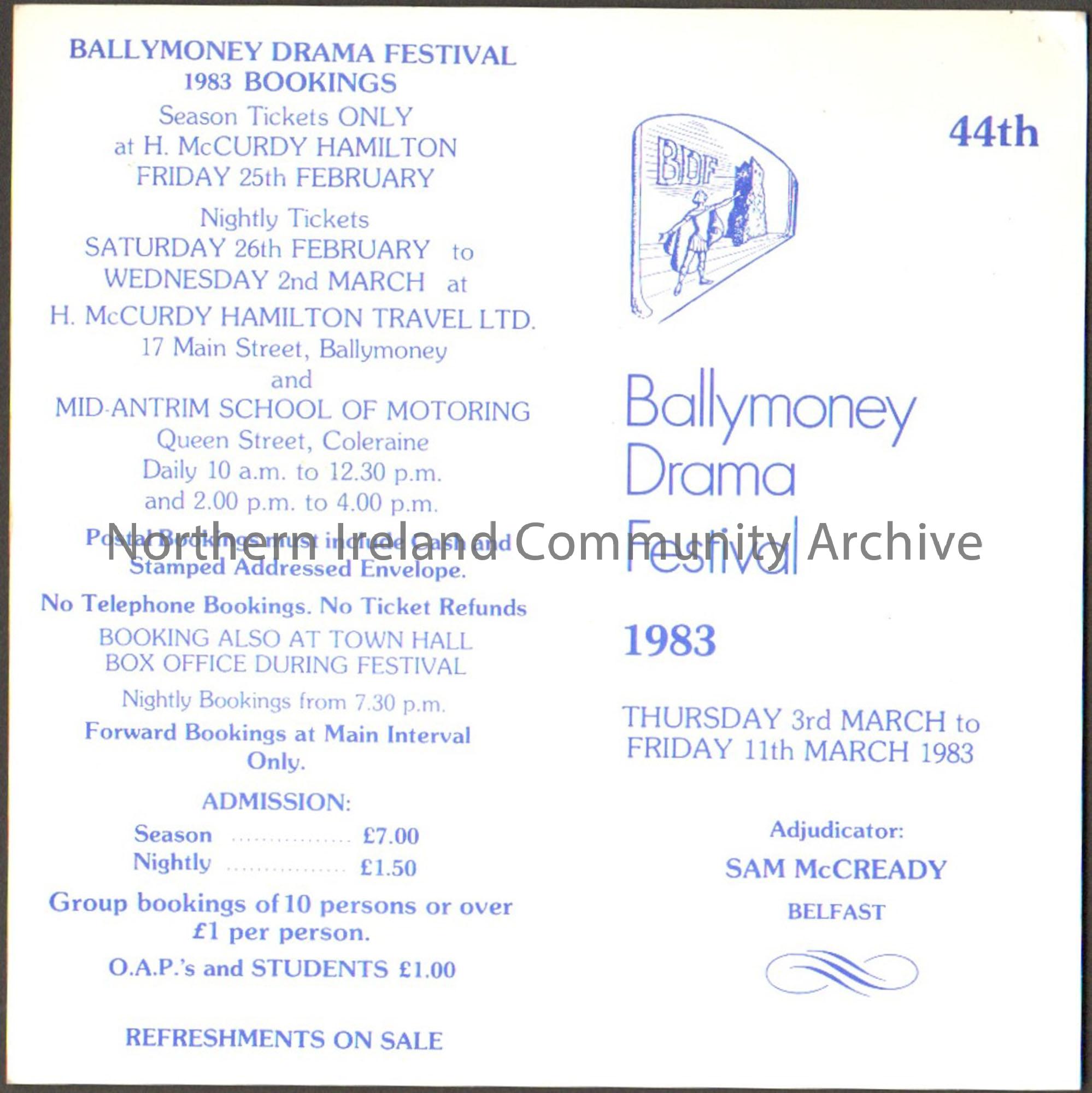 Flier listing plays at the Ballymoney Drama Festival for 1983. White piece of card with blue writing.