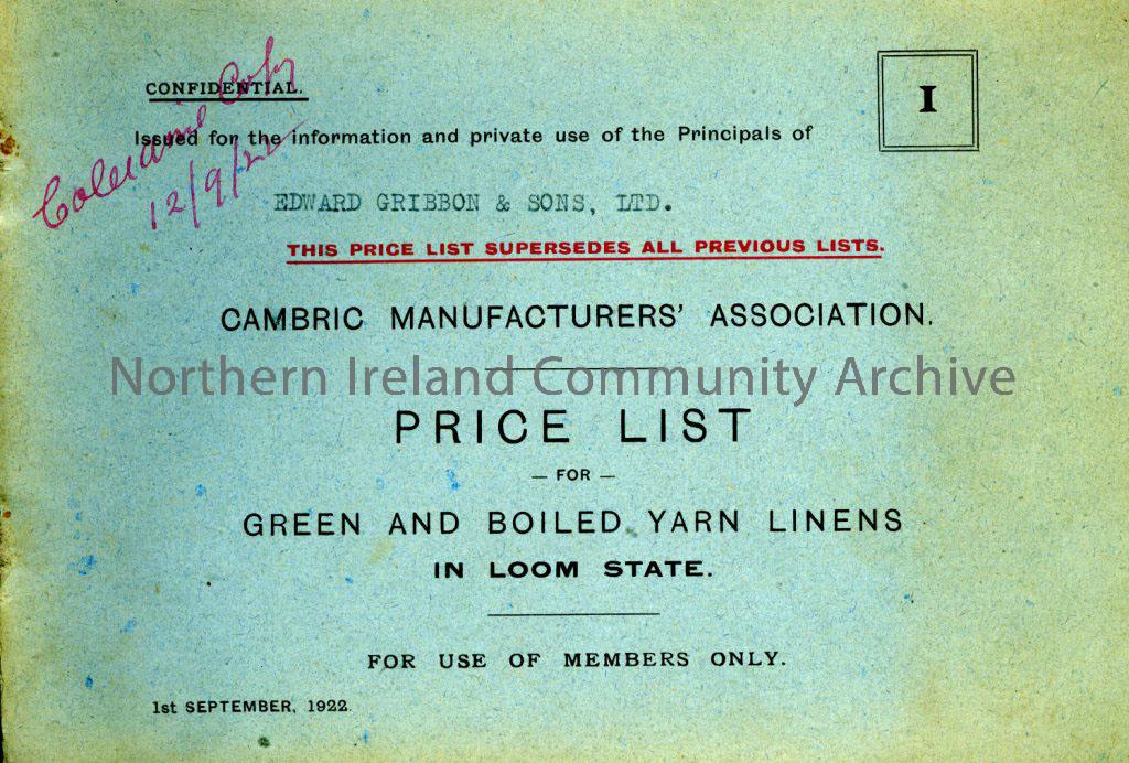 ‘Price list from 1st September 1922 for green and boiled yarn linens in loom state.’ Handwritten on the front reads ‘Coleraine only 12/9/22’.