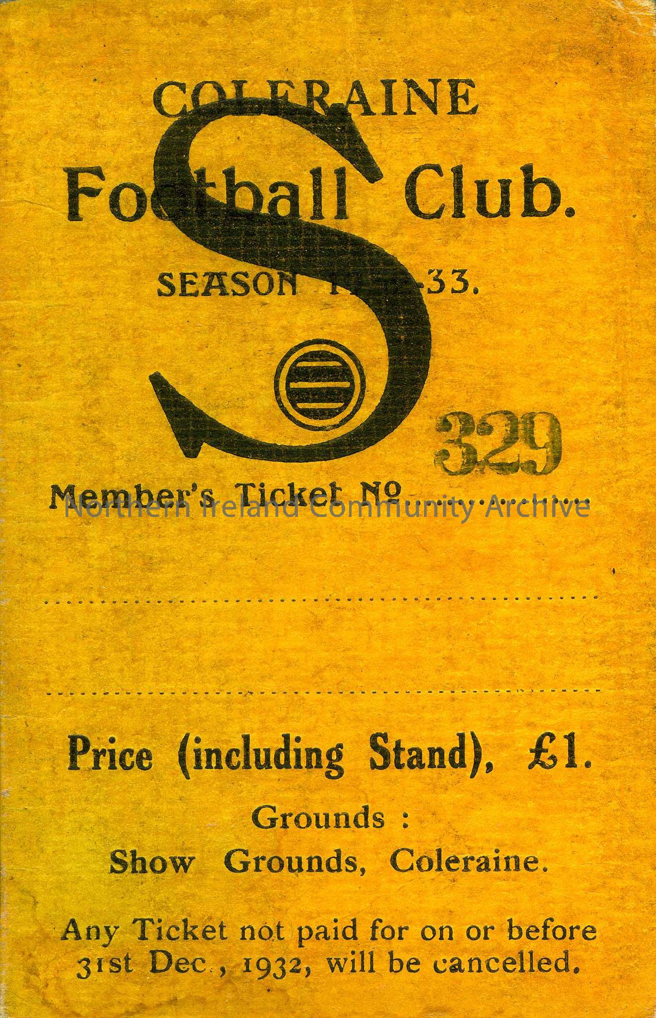 Season ticket for Coleraine Football Club 1932 – 1933. Fixtures listed inside and office bearers listed on the back.