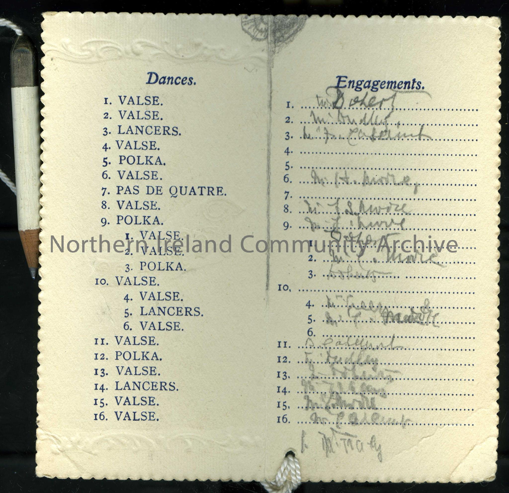 Dance card or programme.  Magherintemple, December 30th, 1908.  Names inside and pencil attached. – scan50b