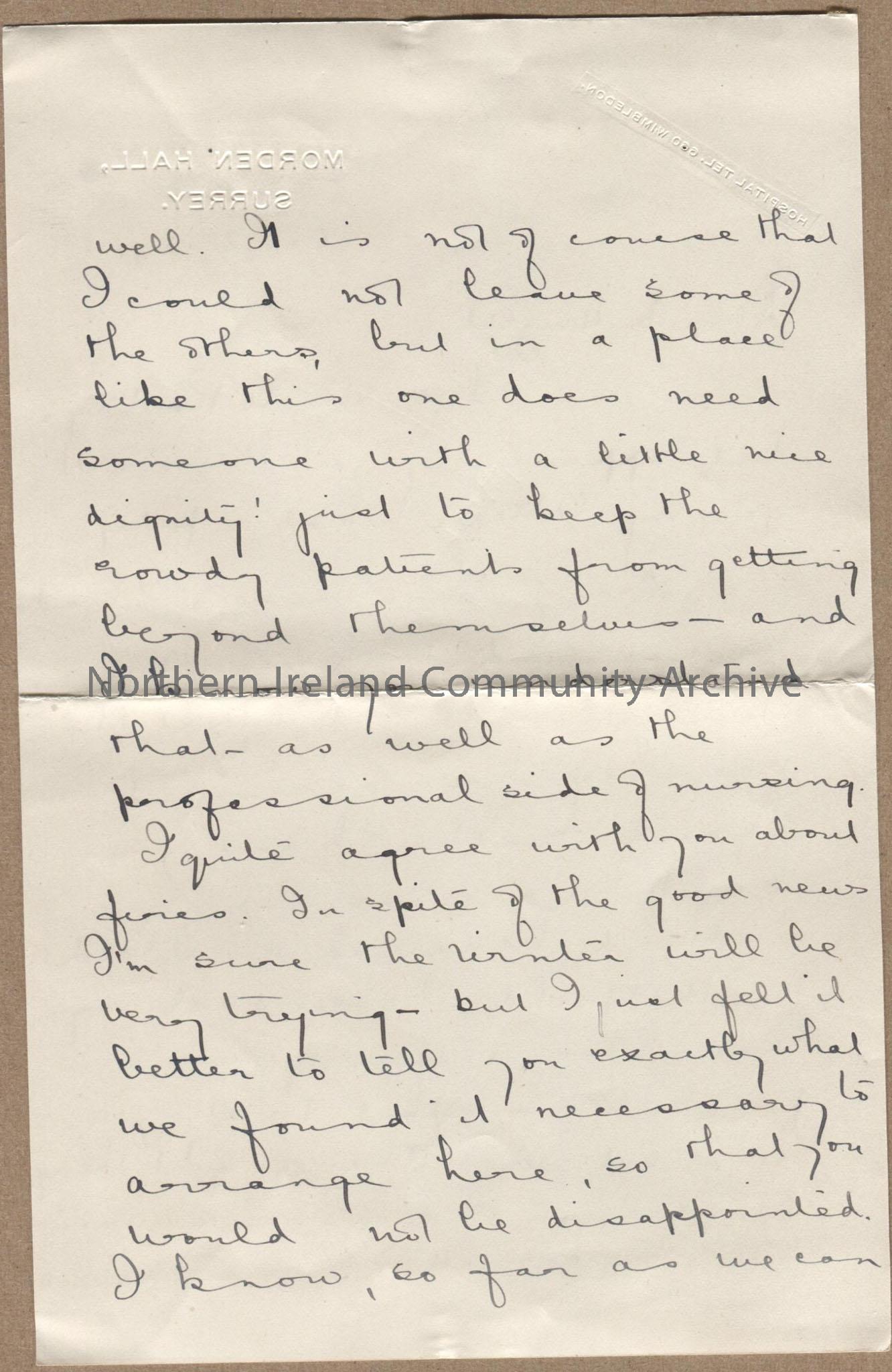 Letter to N. Hezlet from Morden Hall, Surrey. Letter mentions – writing to Rock Ryan but the letter not being received, about having a nursing vacancy… – 006.b