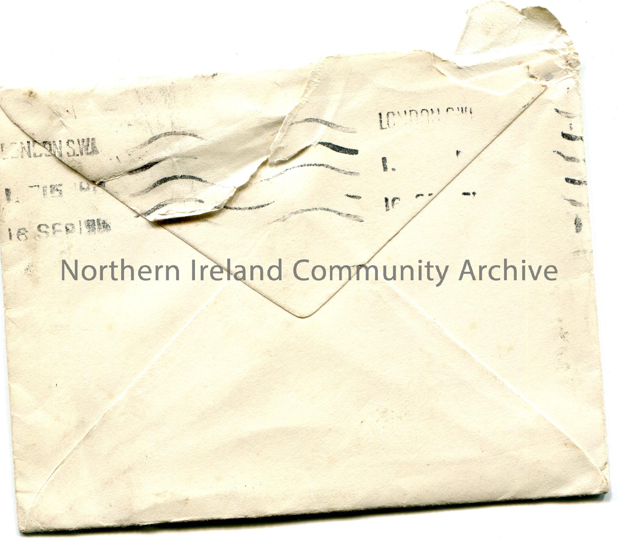 Envelope, handwritten addressed to Miss E. Hezlet, Lady Golfer’s Club, 3 Whitehall Court, S.W which is scored out. Also addressed as Bovagh, Aghadowey… – img018b