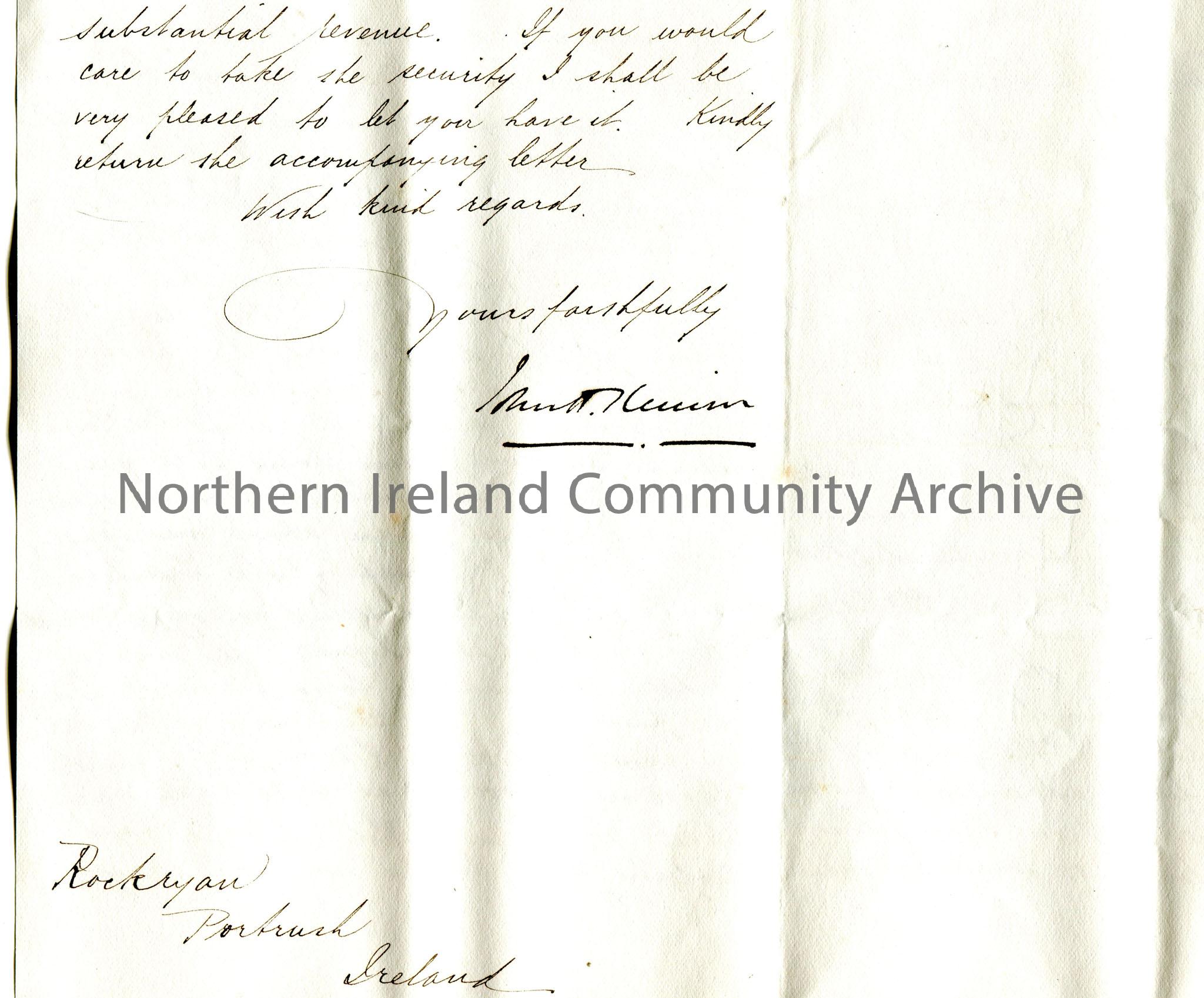 Handwritten letter, double sided, to Miss Hezlet at Rockryan, Portrush, Ireland. Informing Miss Hezlet re a client, Mrs Henson, and the estate of her … – scan210b