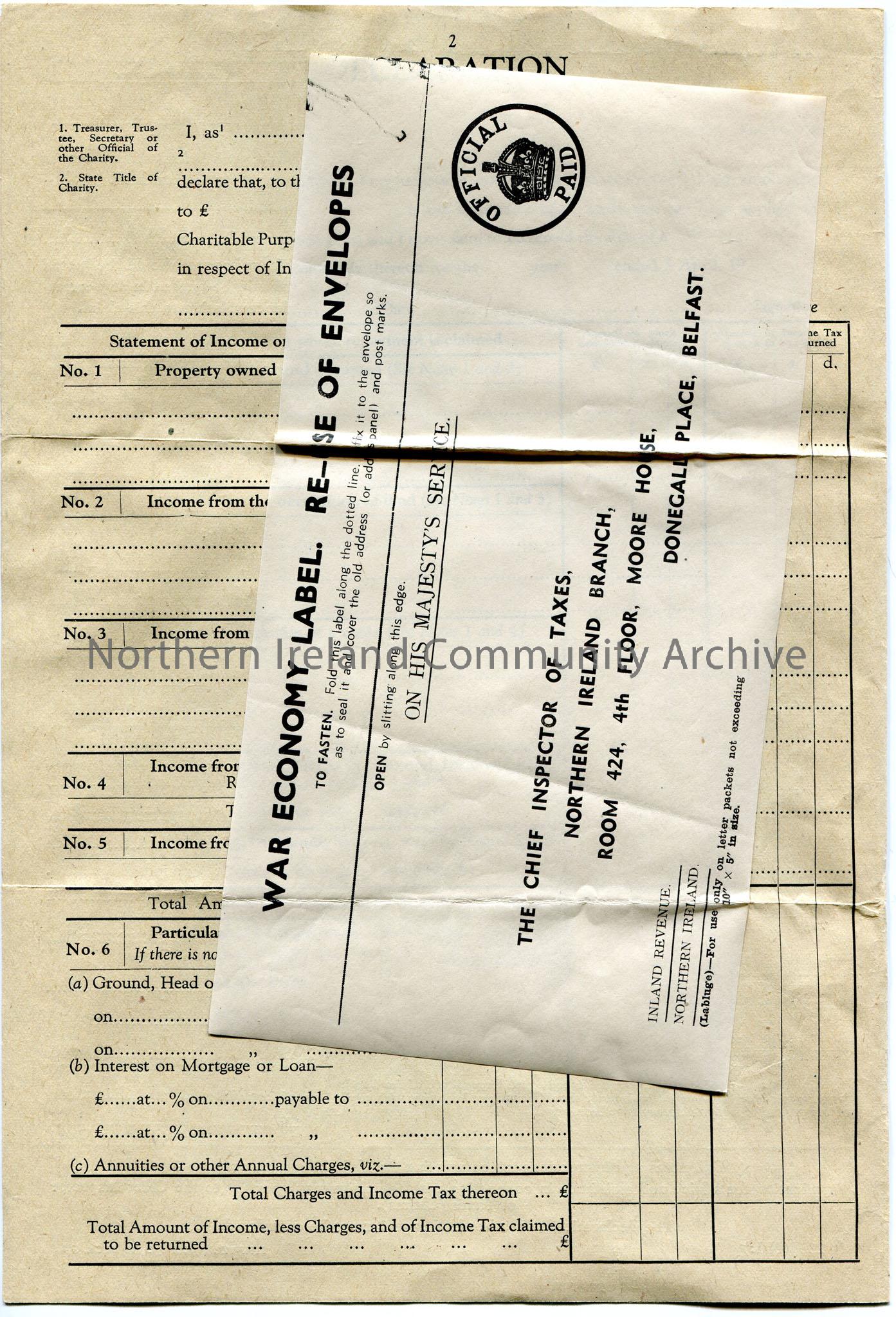 Income Tax Repayment Claim form. In booklet form. ‘Rice Bequest, Coleraine, Killowen and Portrush’ written on top of form. Reference No X388. Last rep… – scan227b