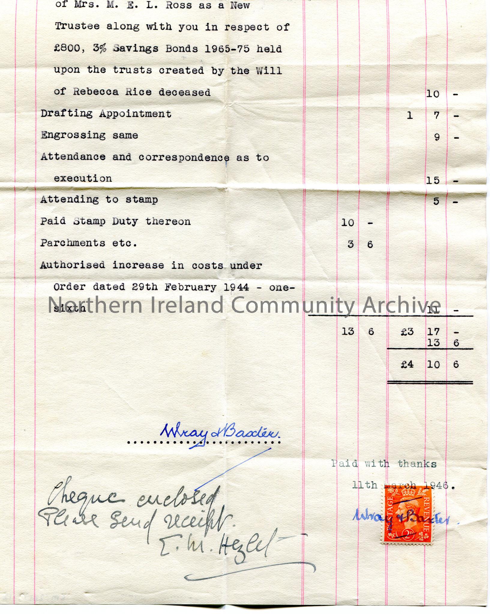 Invoice re Rice Bequest from Miss E. M. Hezlet. Dated 25th February, 1946 to Wray and Baxter Solicitors. ‘Cheque enclosed. Please send receipt’ handwr… – scan228b